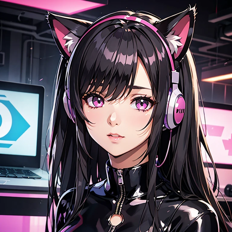 Woman in black cat suit and cat ears posing, biomechanical oppai, an oppai cyberpunk,, oppai, very detailed Artgerm, android heroine, portrait anime space cadet girl, Seductive Anime Girl, cyborg goddess in cosmos