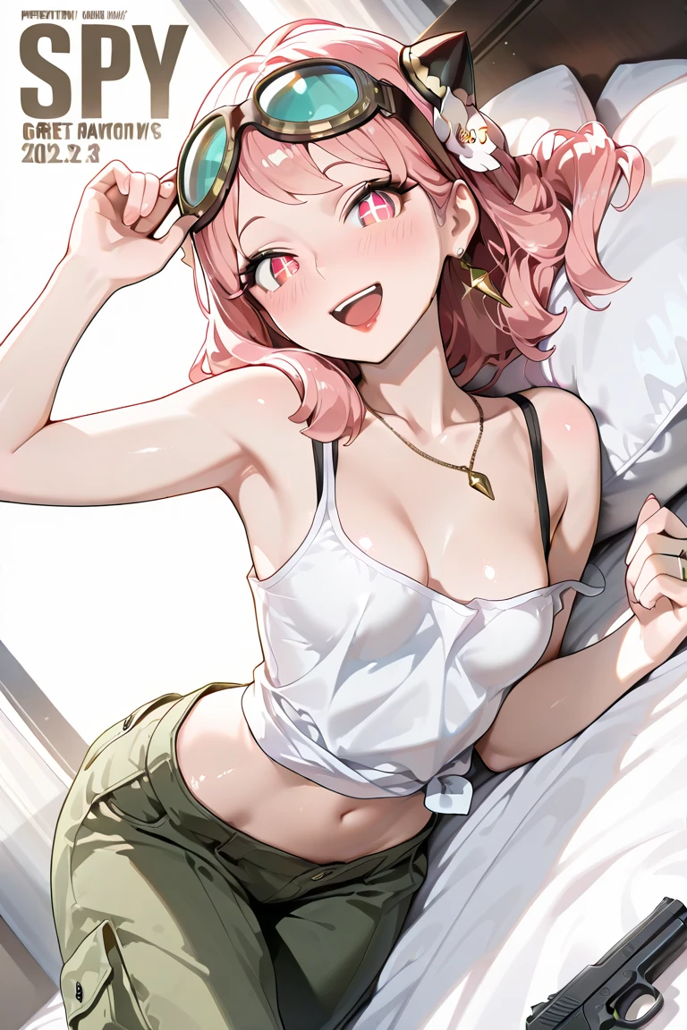 masutepiece、hight resolution、1girl in、in one's underwear only、Yellow lingerie、large full breasts、Lying on your back in bed、Cute anime illustration、