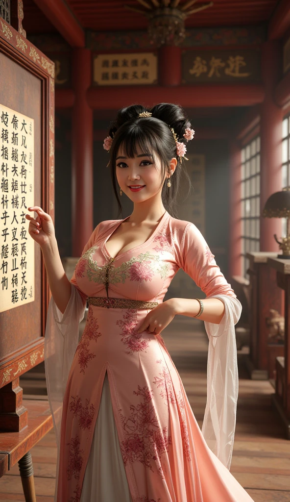 top-quality、​masterpiece、超A high resolution、(Photorealsitic:1.4)、xiuxian、arma、A detailed face、 1girl,独奏,arma,cleavage of the breast,(magic circles:1.2),xiuxian,The upper part of the body,a beauty girl, cute and innocent look, full bodyesbian,east asian east asian architecture,scabbard,architectural, huge-breasted, pink cloth, pink makeup, chinese style, ancient chinese cloth, 汉服