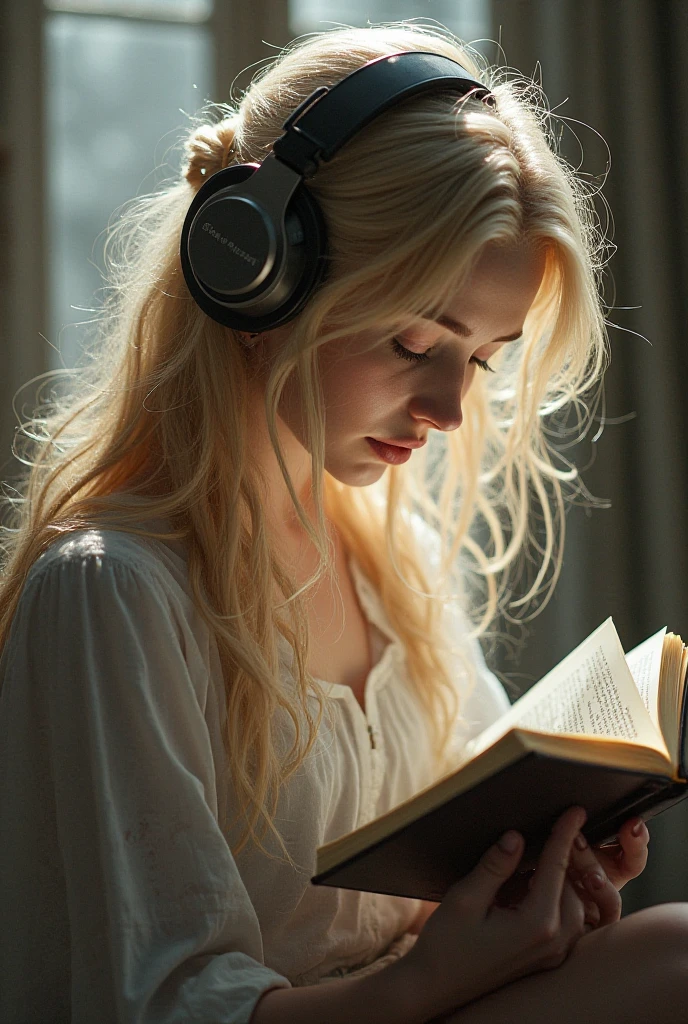 Beautiful blonde with big breasts in a black dress (Reading a book in bed late at night),Wearing headphones,Very detailed, 21 years old, Innocent face, Naturally Wavy Hair, blue eyes, High resolution, masterpiece, highest quality, Intricate details, Very detailed, Clear focus, Delicate skin, practical skin texture, texture, Delicate eyes, Professional, 4K, Cute Smile, Shot with Canon, 85mm, Shallow and deep,  Kodak Vision Color, Exactly, Very detailed, photograph_\(Extremist\), photographpractical, practical, Post-processing, Maximum details, Roughness, Real Life, Extremist practical, Photorealism, photographgraphy, 8K Ultra HD, photographgraphy