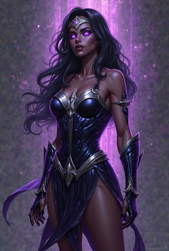 A beautiful woman Zarda Shelton aka power Princes is a tall Caucasian woman with a muscular physique and body and brown hair, Long and flowing, reaching down to her back. She wears a tight, purple battle corset and armor that accentuates her figure through the costume.. She also wears a headband in her silver hair.