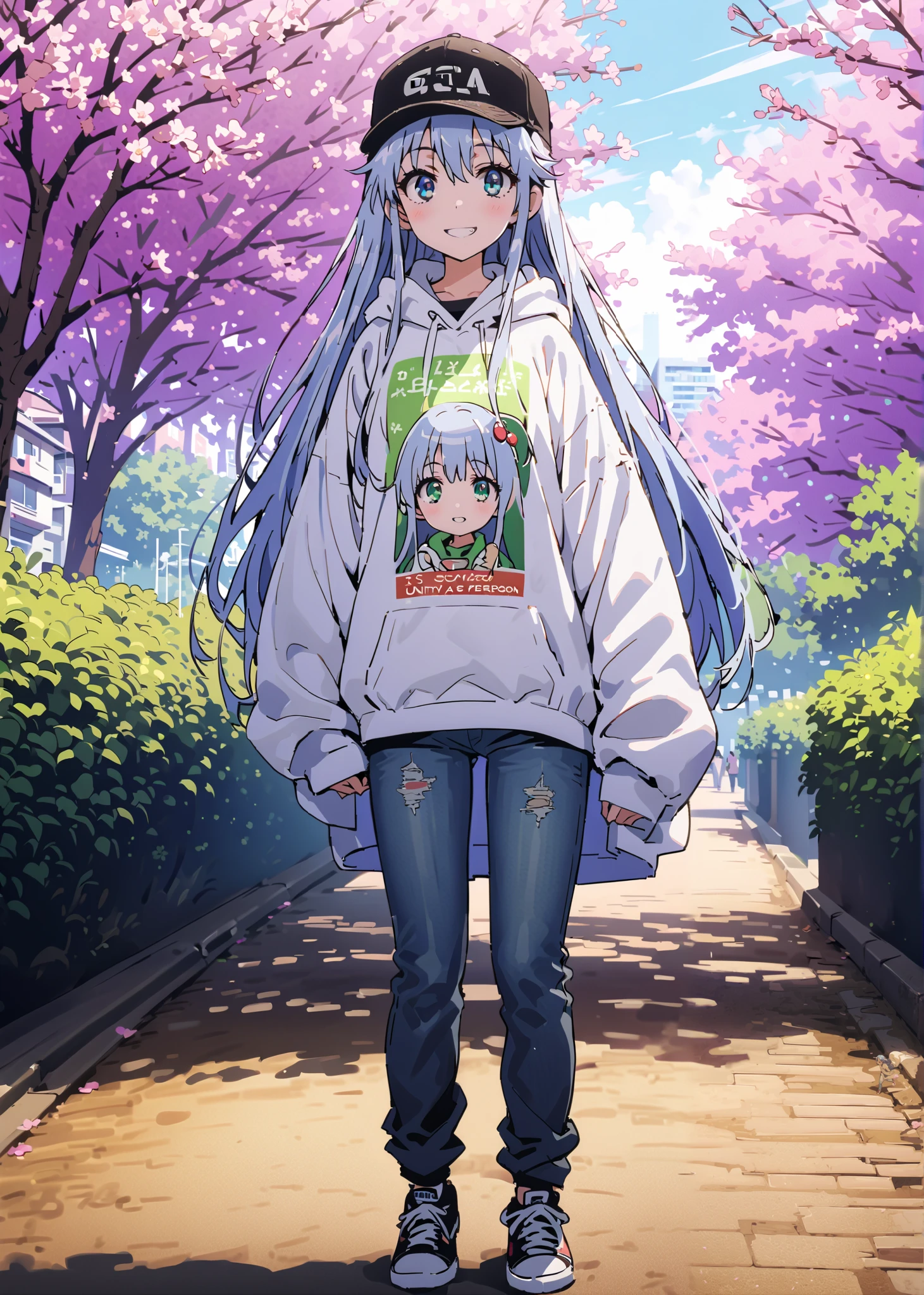 score_9, score_8_up, score_7_up, source_anime, Prohibited bibliography, Alone,green eyes, blue hair, long hair,Baseball hats, Oversized white hoodie,short outer jacket,skinny jeans,sneakers,cherry blossoms,Trail,standing,,Beautiful Scenery,smile,cover, grin , lower back holding a book,morning,morning日,so that the whole body fits into the illustration, break outdoors, garden,
break looking at viewer,
break (masterpiece:1.2),best quality , kampala, Unity 8K Wallpaper ,(shape:0.8),( fine, beautiful eyes :1.6),It's a person ,full body photo,CG Details , (perfect hands,complete anatomy),
