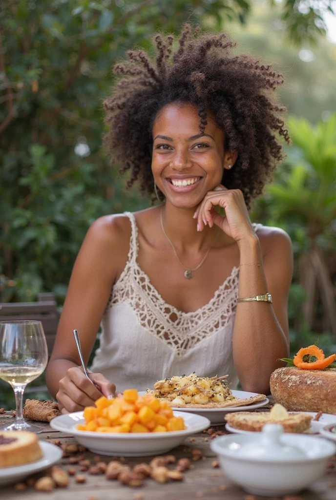 Realistic image of a Brazilian person sitting at a table looking at food and savoring with a smile