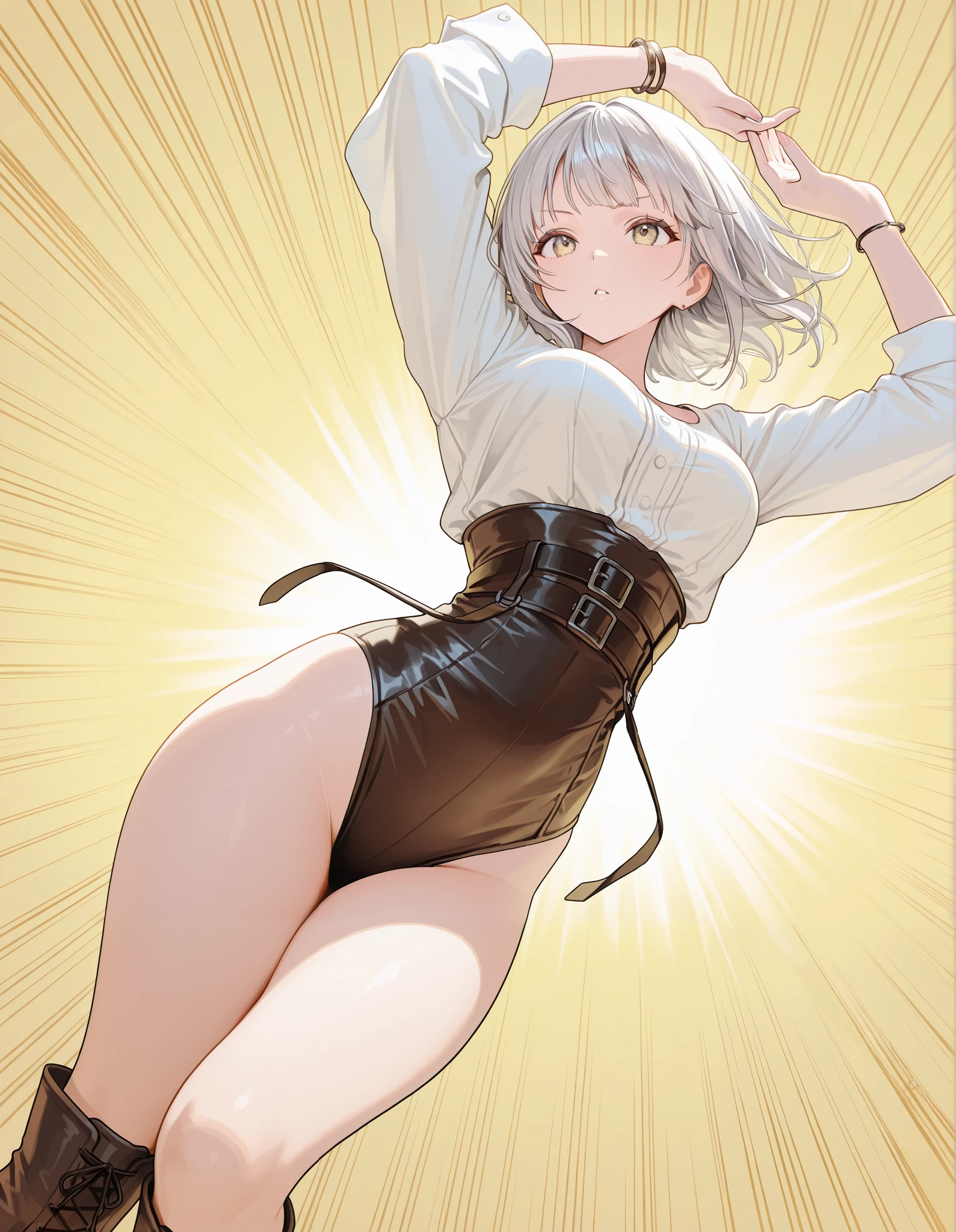 Masterpiece, High Resolution, Best Quality, High Details, 1girl, Solo, Silver Hair, Bangs, leotard, high-waisted belt, bare legs, boots, bracelets, dynamic twiring pose, Dutch Angle, Cowboy Shot, Emphasis Lines, Blending, Emphasis Lines, Motion Lines, legs together, spinning into a tornado.