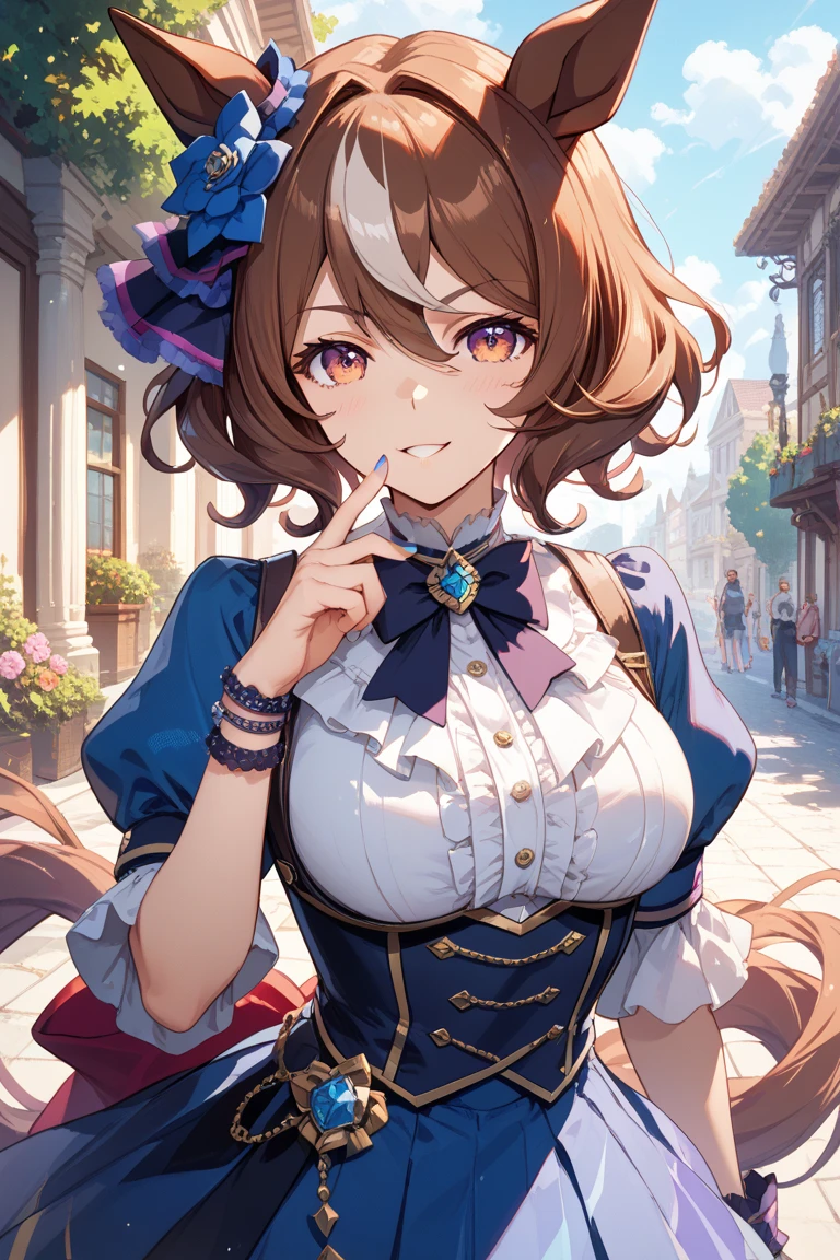 Masterpiece, high quality, 8k,detailed body, ultra detailed, detailed face, standing, blush, bright eye, outdoor, (face detail), additional definition, (giant breasts),(evening), Half body, SMILE,