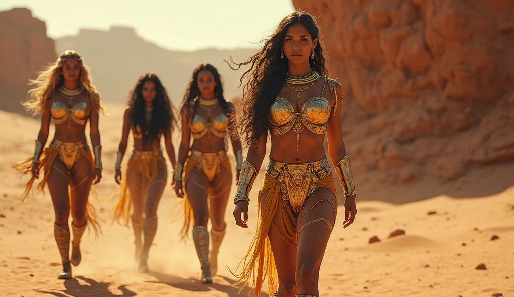 Black-haired Zendaya, red-haired Michelle Pfeiffer, and blonde-haired Jennifer Lawrence are three Amazonian women, all tanned slim beautiful prehistoric women, with large breasts, dressed half-naked in small short loincloths from 10000000 years ago. They stand, armed with a wooden spear, outside in front of the cave in which they live. The cave is sealed with skins. They stand ready tPequenad themselves.