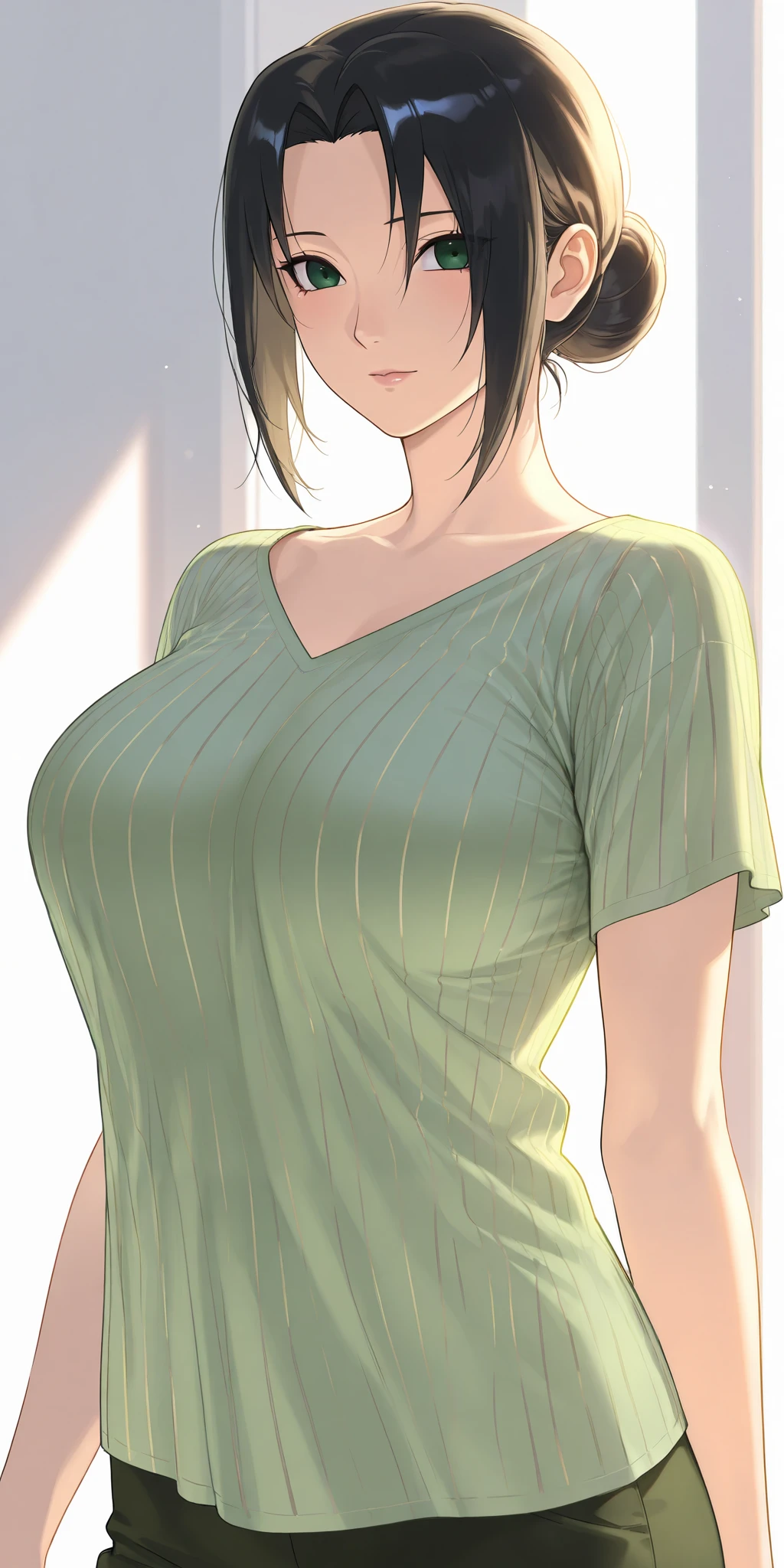 1girl, solo, 53 years old, milf, teal and green hair, messy hair, asymmetrical hair, ahoge, very short hair, aqua eyes, medium breasts, pale skin, glasses, naked t-shirt, blush, embarrassed, thighs, shirt pull, transparent shirt, see-through shirt, wet t-shirt