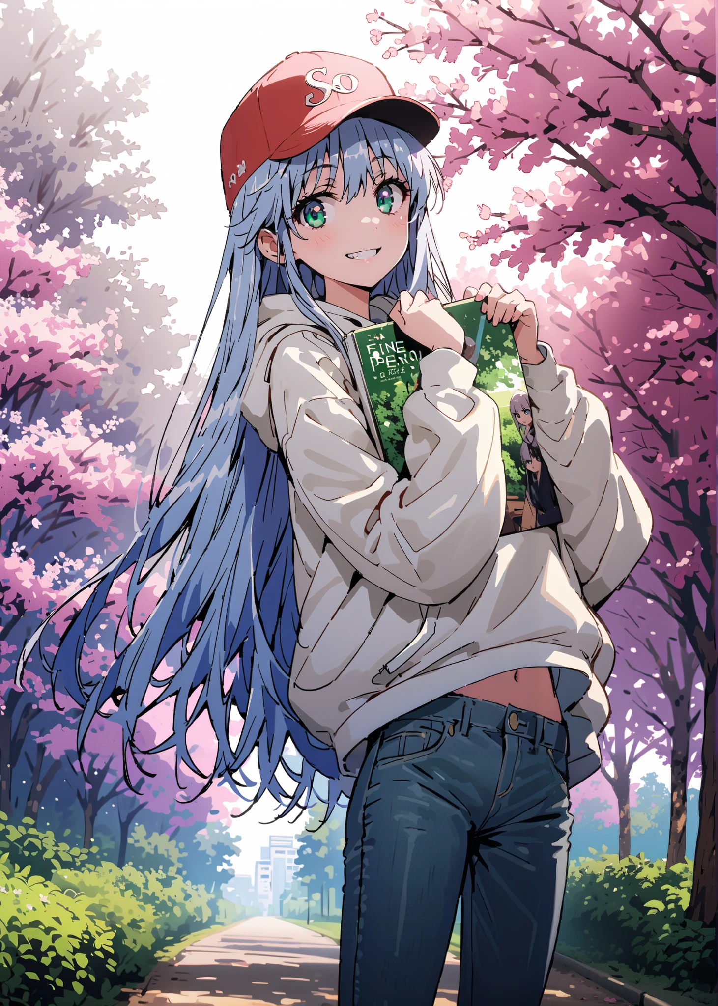 score_9, score_8_up, score_7_up, source_anime, Prohibited bibliography, Alone,green eyes, blue hair, long hair,Baseball hats, Oversized white hoodie,short outer jacket,skinny jeans,sneakers,cherry blossoms,Trail,standing,,Beautiful Scenery,smile,cover, grin , lower back holding a book,morning,morning日,so that the whole body fits into the illustration, break outdoors, garden,
break looking at viewer,
break (masterpiece:1.2),best quality , kampala, Unity 8K Wallpaper ,(shape:0.8),( fine, beautiful eyes :1.6),It's a person ,full body photo,CG Details , (perfect hands,complete anatomy),