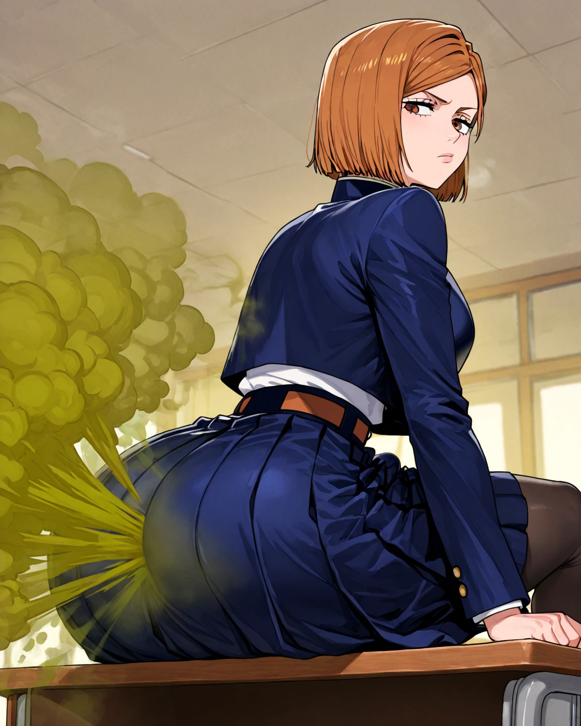 (masterpiece), (best quality), (ultra-detailed), (best illustration), (best shadow), (absurdres), nobarakugisakinova, short hair, orange hair, ((brown eyes)), kugisaki nobara, school uniform, 1girl, solo, short jacket, bangs, closed mouth, long sleeves, looking at viewer, (ultra miniskirt,micro panties:1.2),black pantyhose,cameltoe,(fighting stance, kung hu pose, kung fu action, dynamic angle, battle),from below,angry,shrine background,(open breasts,erected nipples:1.2)
