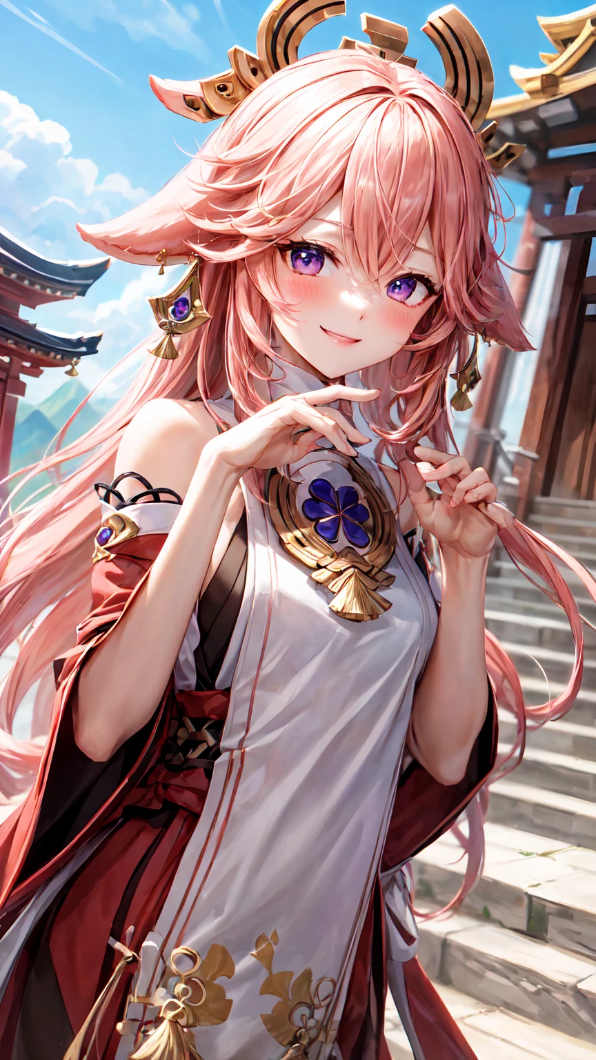 ((yaemikodef)):1.5,((masterpiece,highest quality,Highly detailed images,Beautiful images))1.4(Image of Yae Miko smiling in front of lightning、Extreme Lightning、Overall dim lighting、Backlight、Fantastic dark atmosphere、Thick Fog、Dust flutters)1.3,(Full body image of Yae Miko)1.2