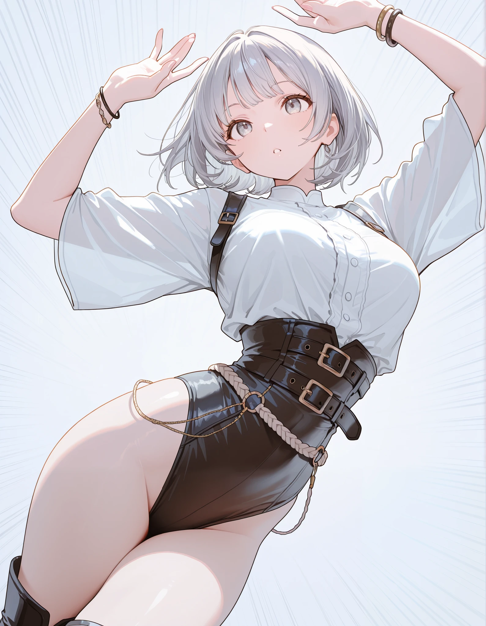 1girl,(solo),gigantic breasts, wide hips, thick thigs,dynamic pose, school uniform, black skirt, white shirt, red necktie, thighhighs, black choker, smile, :d, white hair, purple eyes, cat ears, short hair, extremely detailed eyes, <lora:xFate-Style-000150:1>