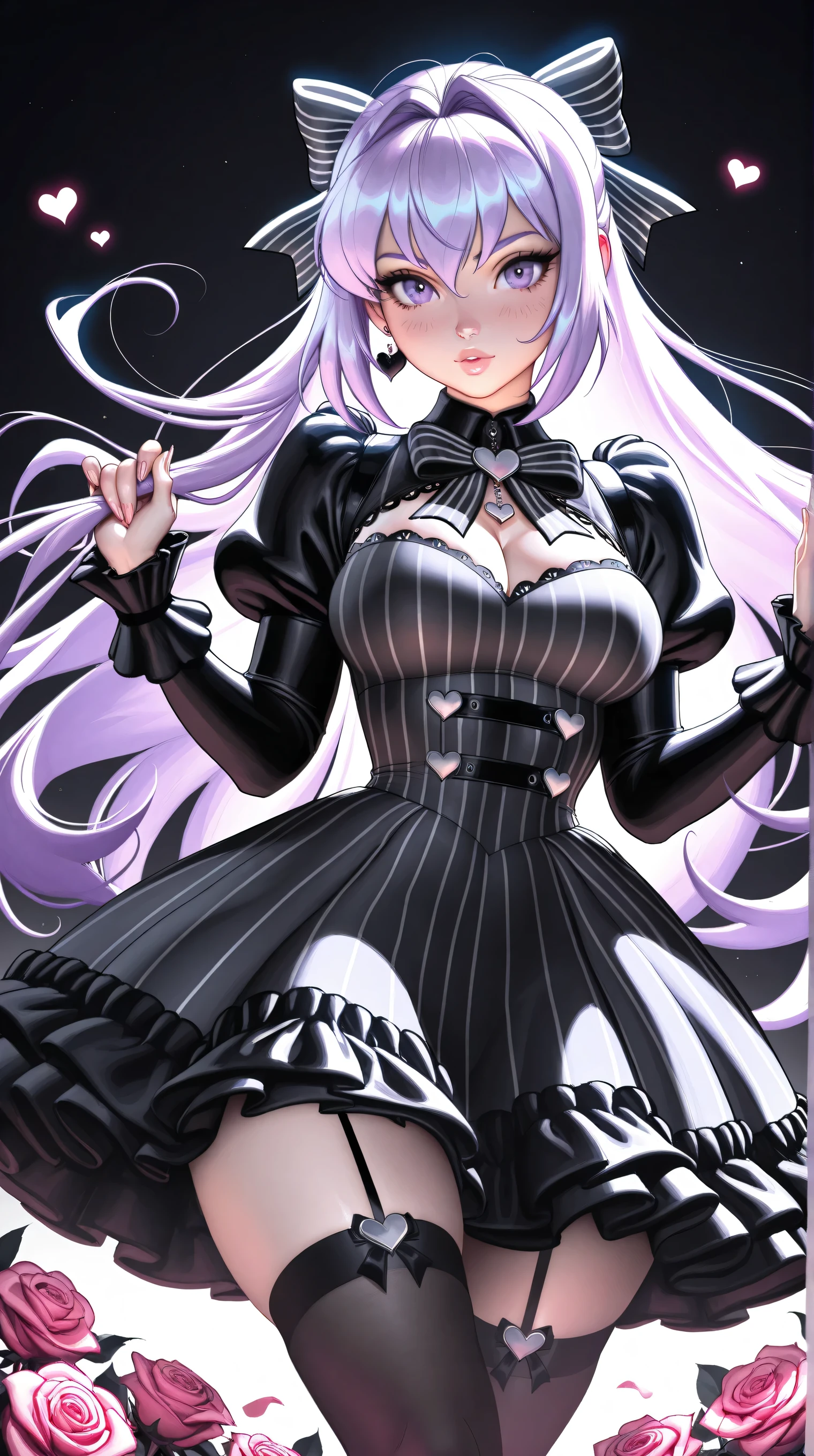 (TangoBat:0.7),(Sakimichan:0.7), A digital illustration of a stylized anime girl with pale purple hair, wearing a dark, black and white striped outfit with a large black and white striped bow and black stockings, holding a pink rose, in a detailed, dark, and shadowy scene with scattered roses and hearts, all in a vibrant, gothic-style aesthetic. ,masterpiece, best quality,absurdres
