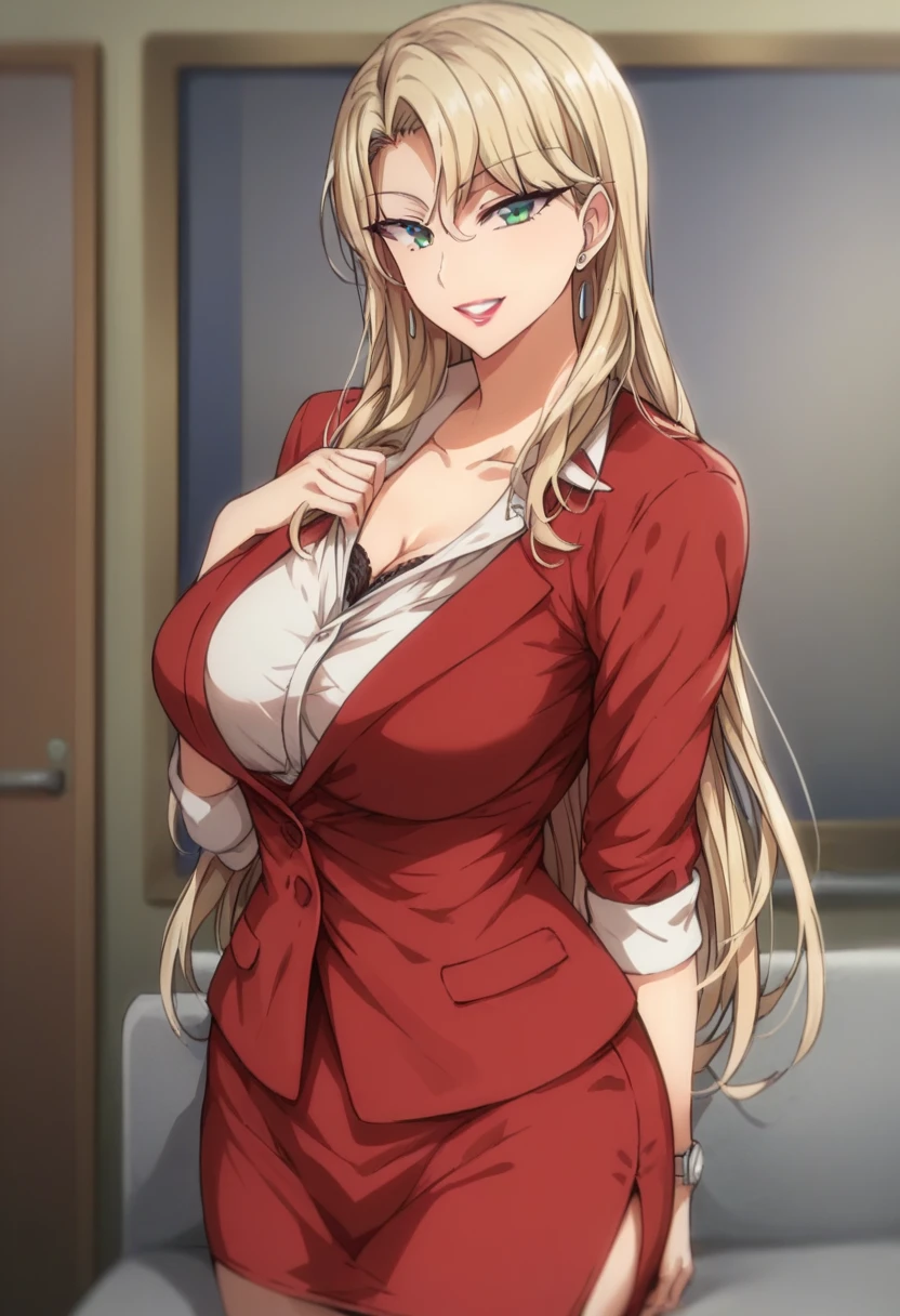score_9, score_7_up, source_anime, anime screencap, BREAK 1female, ReikaKurashiki, blonde hair, long hair, blue eyes, (large breasts:1.3), long torso, red jacket, (collared shirt:1.1), collarbonea, (cleavage:0.7), red pencil skirt, pantyhose, sleeve cuffs, BREAK indoor, house, cowboy shot, laying down on couch, in personal office, sunset lighting,