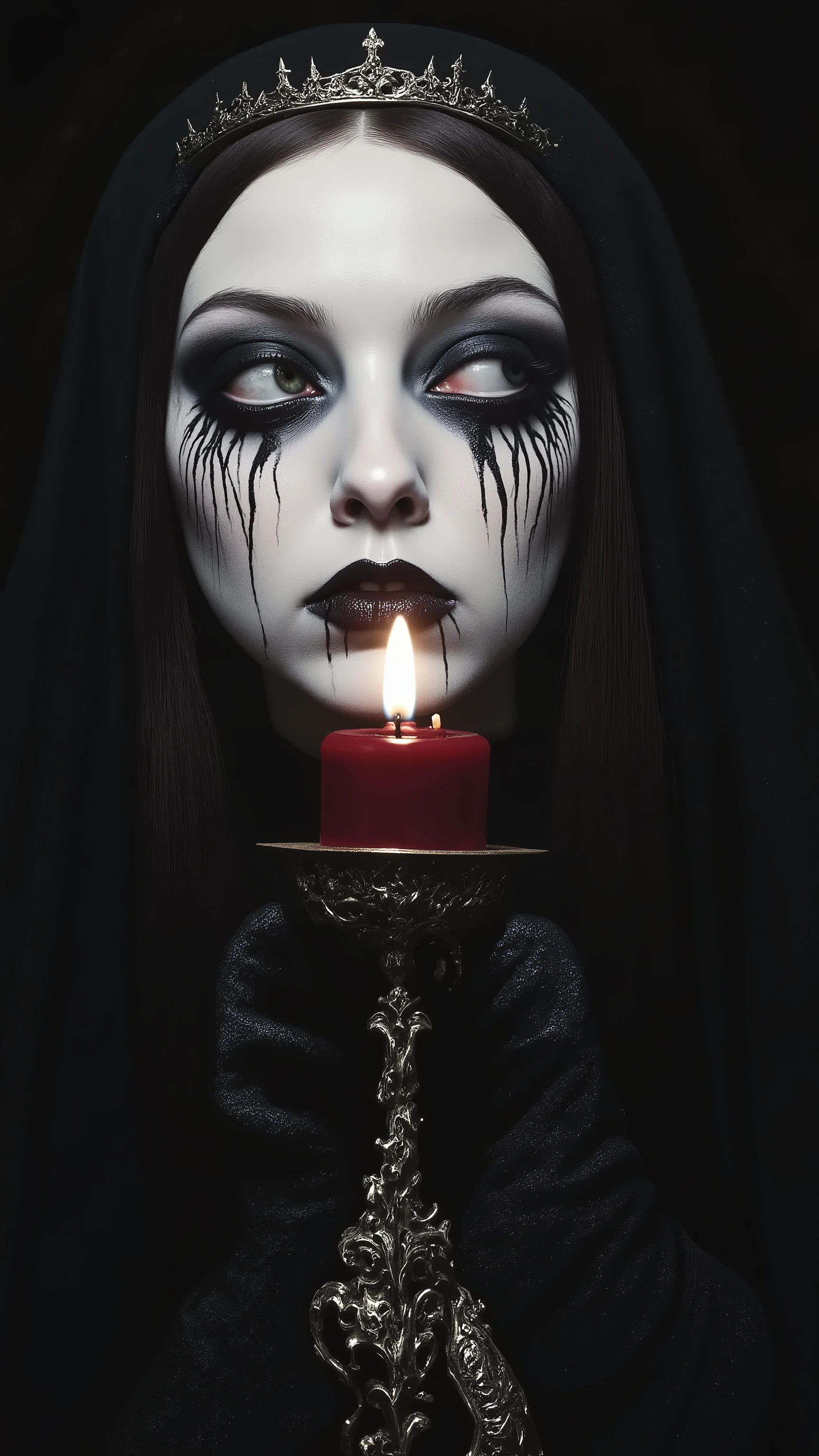 Faces that emerge from the dark,holding candle,((crown of thorns:1.5)),(ecstatic expression,orgasmic),fashion photography portrait,1 girl, Alone,(heavy black mascara,looking up,gazing Upward,:1.3),black tear,feminine,award winning photograph, photorealistic,beautiful black eyes, sexy,wearing nun costume,cross earning ,thick black lips,depression,black hair,red cheeks,long straight hair,pale skin,black opera length gloves,paint