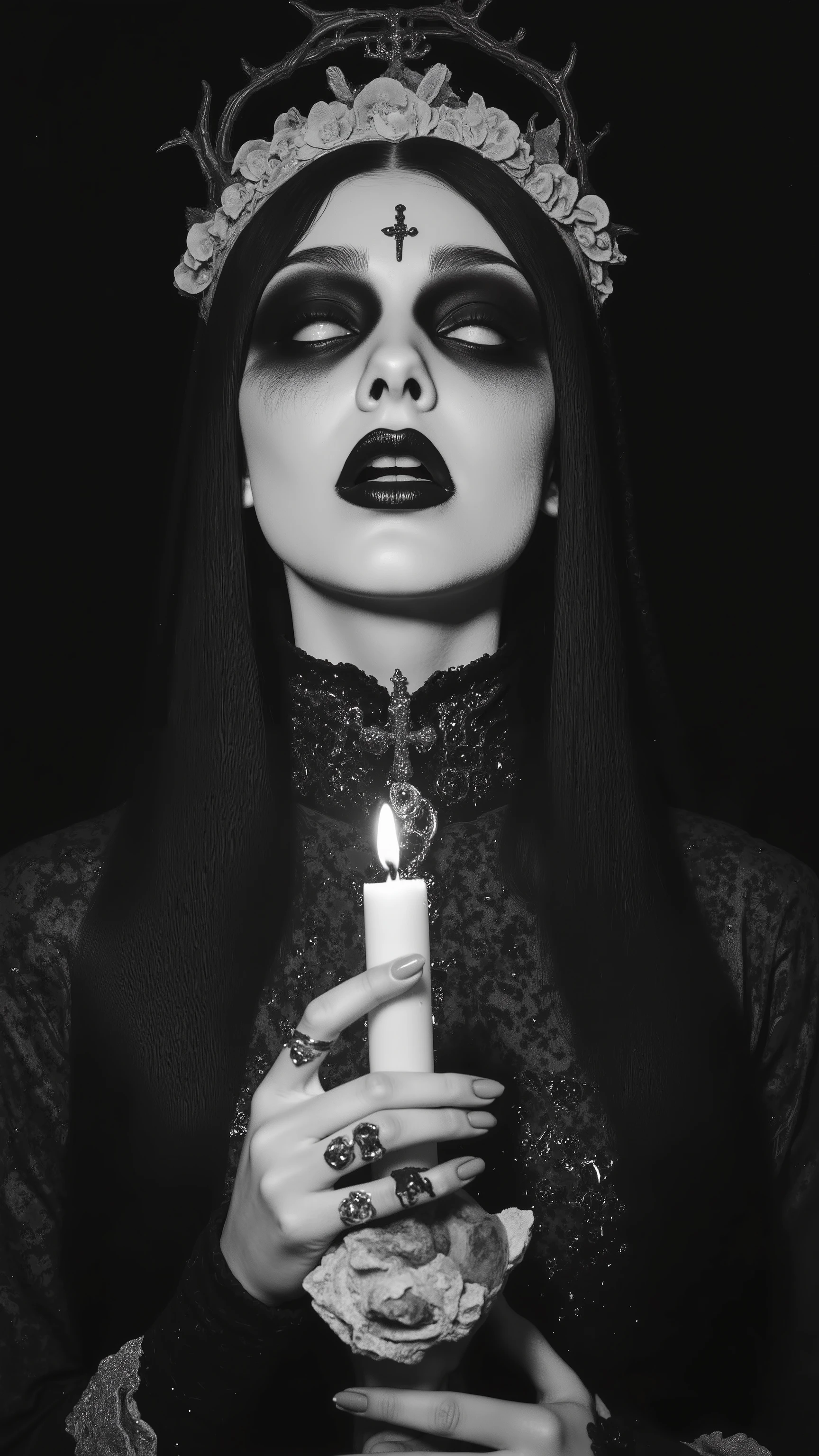 Faces that emerge from the dark,holding candle,((crown of thorns:1.5)),(ecstatic expression,orgasmic),fashion photography portrait,1 girl, Alone,(heavy black mascara,looking up,gazing Upward,:1.3),black tear,feminine,award winning photograph, photorealistic,closed eyes, sexy,wearing nun costume,cross earning ,thick black lips,depression,black hair,long straight hair,pale skin,black opera length gloves,paint,(monochrome,classical silent movie atmosphere)