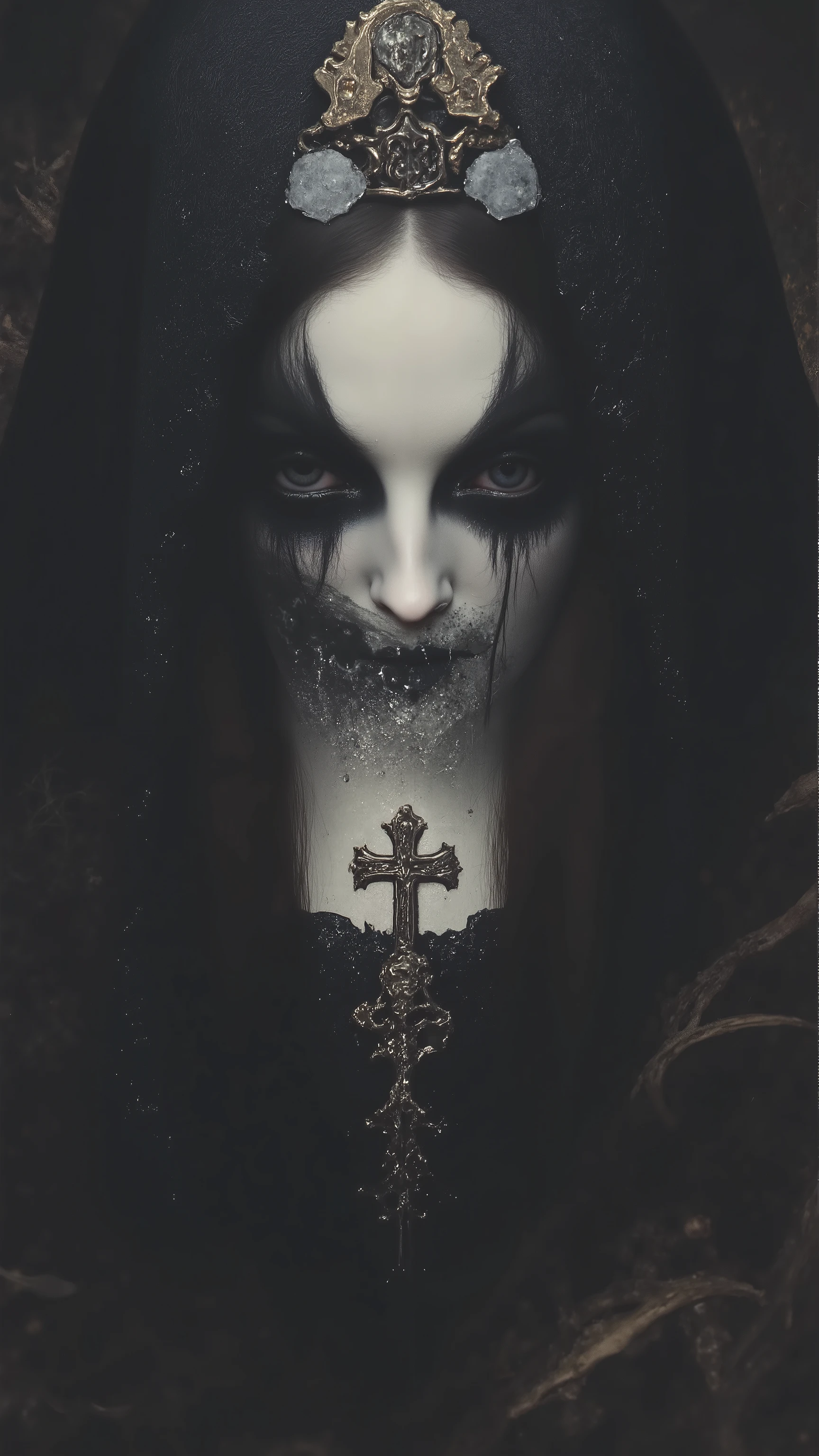 A woman peeking out of the water,black lake,Dark Forest,((crown of thorns:1.5)),(monochrome,classical silent horror movie atmosphere),cimematic photography portrait,1 girl, alone,(heavy black mascara,looking at view:1.3),black tear,feminine,award winning photograph, photorealistic,closed eyes, sexy,wearing nun costume,cross earning ,thick black lips,depression,black hair,long straight hair,pale skin,paint,