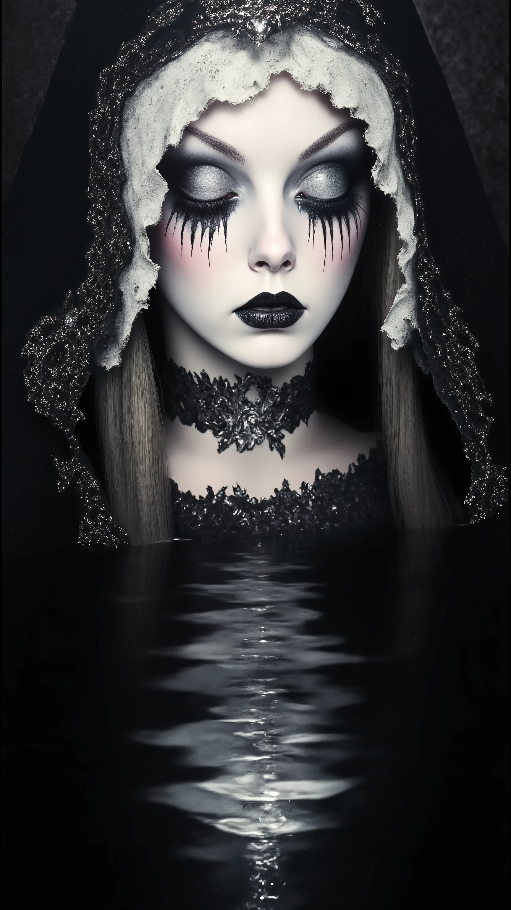 A woman peeking out of the water,black lake,Dark Forest,((crown of thorns:1.5)),(monochrome,classical silent horror movie atmosphere),cimematic photography portrait,1 girl, alone,(heavy black mascara,looking at view:1.3),black tear,feminine,award winning photograph, photorealistic,closed eyes, sexy,wearing nun costume,cross earning ,thick black lips,depression,black hair,long straight hair,pale skin,paint,