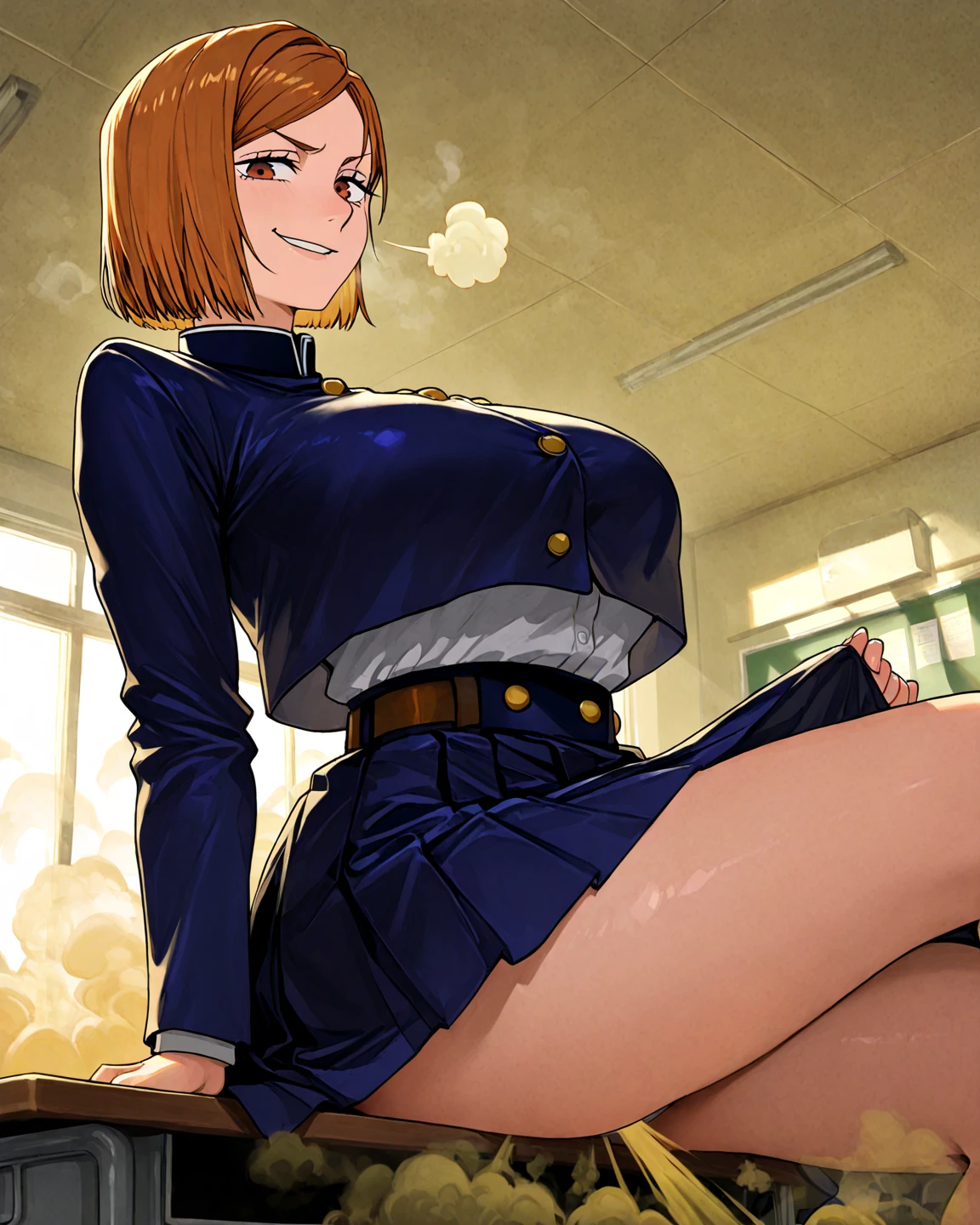 (Very detailed,highest quality,8k,High resolution,masterpiece:1.2),(Realistic,photoRealistic,photo-Realistic:1.37),One Woman, Nobara Kugisaki,Blue Skirt,turtleneck,Blue jacket,Crop top overhang,


Beautifully detailed sweat glands,Smooth skin texture,Carefully drawn,Beautiful Eyes,

Black Stockings,No shoes,(humidity:1.2), Lively expressions, (Beautiful Skin),(Big Breasts),Sticky with sweat,In a dynamic pose,((Showing off the soles of your feet)),Sitting at a desk,((Steam comes out from my feet))

jujutsu kaisen,indoor,classroom,