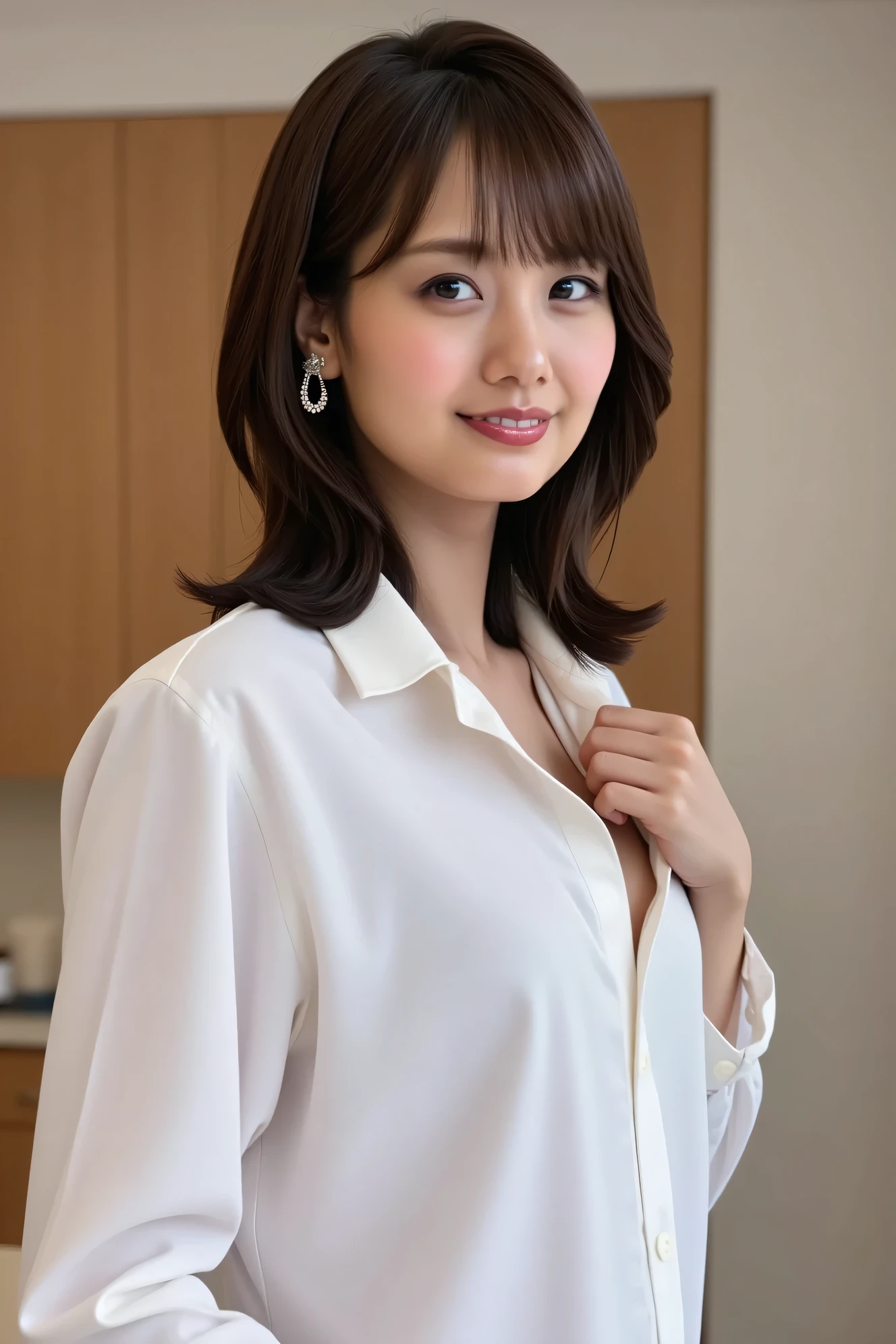 ((( High resolution,top quality, super detailed, Masterpiece , very detailed photo , realistic , real person , Ultra detailed skin))) , In the dressing room ,(from front),upper body, medium shot, looking at viewer , (cool face) , (standing) , (low angle) , black hair, medium hair, medium breasts, cleavage , (( white shirt , no lingerie , take off the shirt )) , { NSFW }