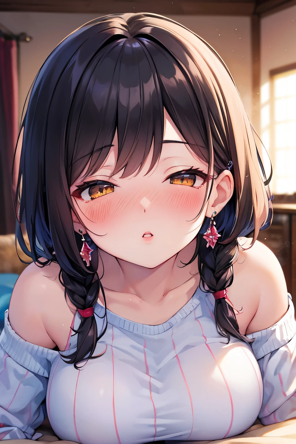 (Brown hair:1.3),(Braided shorthair:1.3),(With bangs),(Brown eyes:1.3),(Eye size:1.6),(My eyes are shining like stars:1.25),(depressed face),(Sad face:1.2),(Sister sitting:1.3),(A girly room with lots of cute flowers:1.5),(Colorful flowers:1.45),(Fluffy carpet:1.35),(sitting on the carpet:1.35),(Slightly slouched:1.3),(Tilt of the neck:1.5),(simple design sweatshirt:1.35),(Sweatpants:1.2),(Warm room socks:1.3),(breast closeup:1.5),Slight red tide,(close up of face:1.6),