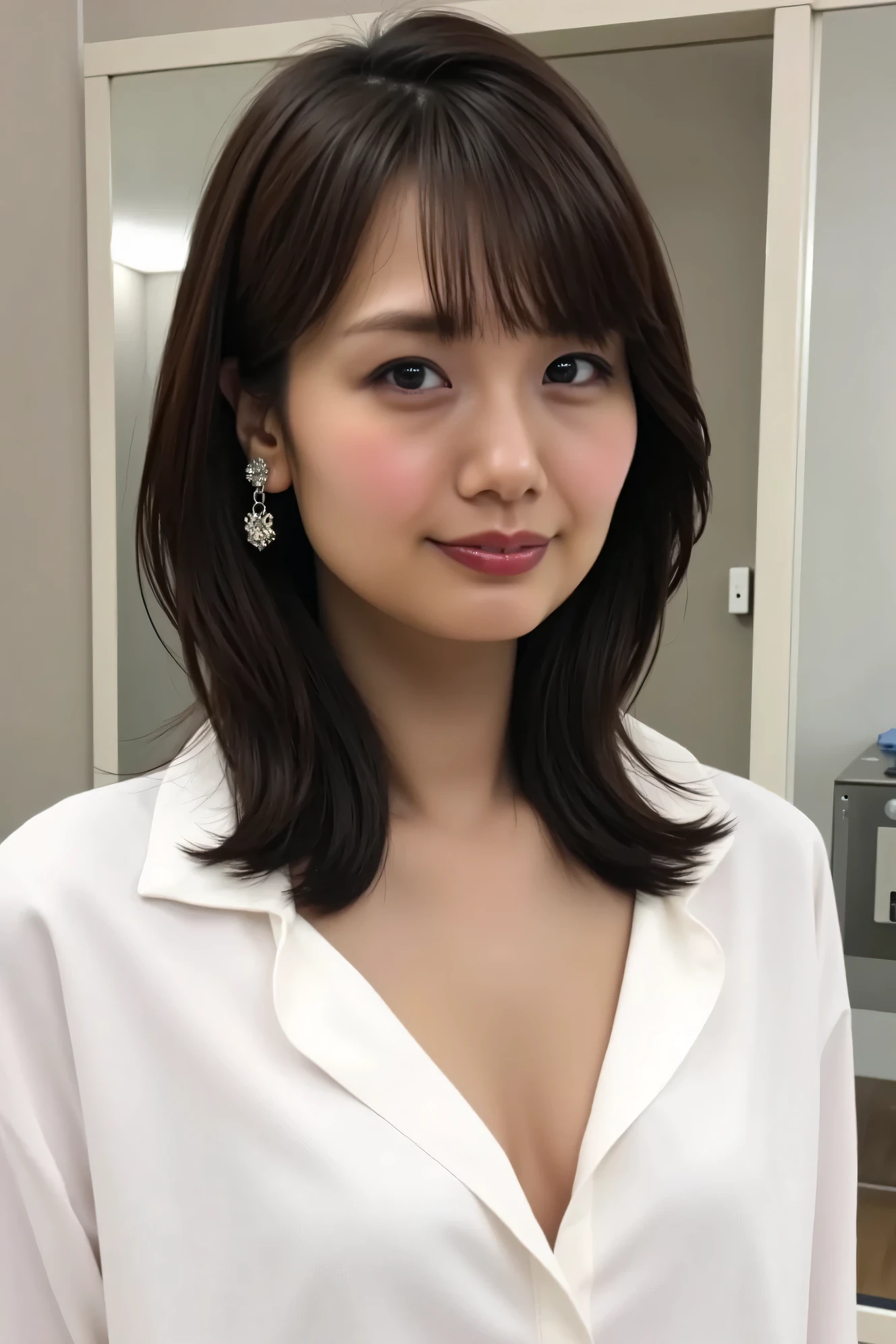 ((( High resolution,top quality, super detailed, Masterpiece , very detailed photo , realistic , real person , Ultra detailed skin))) , In the dressing room ,(from front),upper body, medium shot, looking at viewer , (cool face) , (standing) , (low angle)  ,  black hair, medium hair, medium breasts, cleavage , (( white shirt , no lingerie , take off the shirt ))  , { NSFW } 