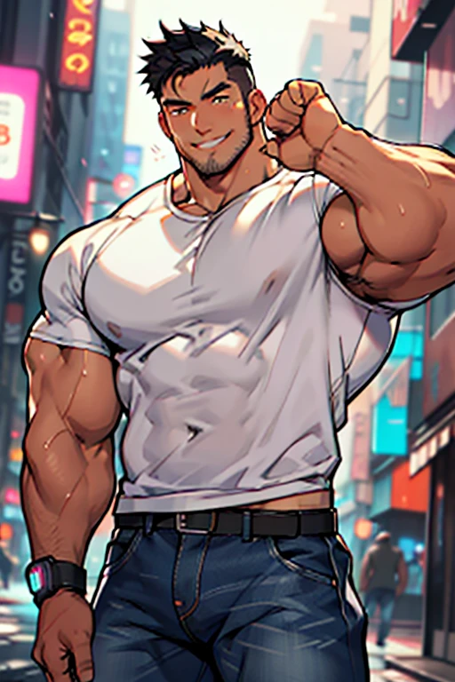 oung man, short blond hair, handsome face, tired expression, green eyes, large muscles, hyper pectoral, thick thigh, large butt. He's wearing a low-cut tank top, black pants, a backwards hat, and a silver chain around his neck, Big bulge