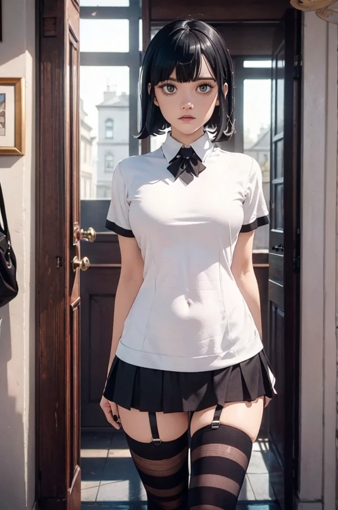Shy young girl, short black hair, white eyes, slim curvy body, school uniform with short skirt, short white socks, and loafers.