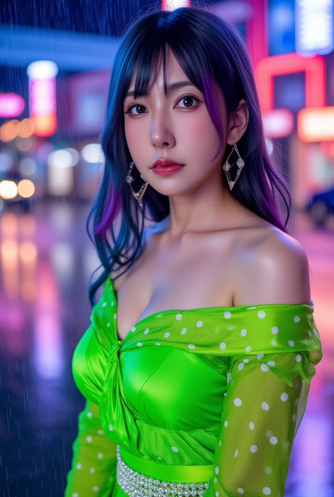 (masterpiece, best quality, highres:1.4), wallpaper, full body, 1girl, long hair, (blue hair:1.0), (black hair:1.0), green eyes, multicolored hair, gradient hair, small breast, facing to the side, yukata , holding party popper, night, hairclip, bangs,