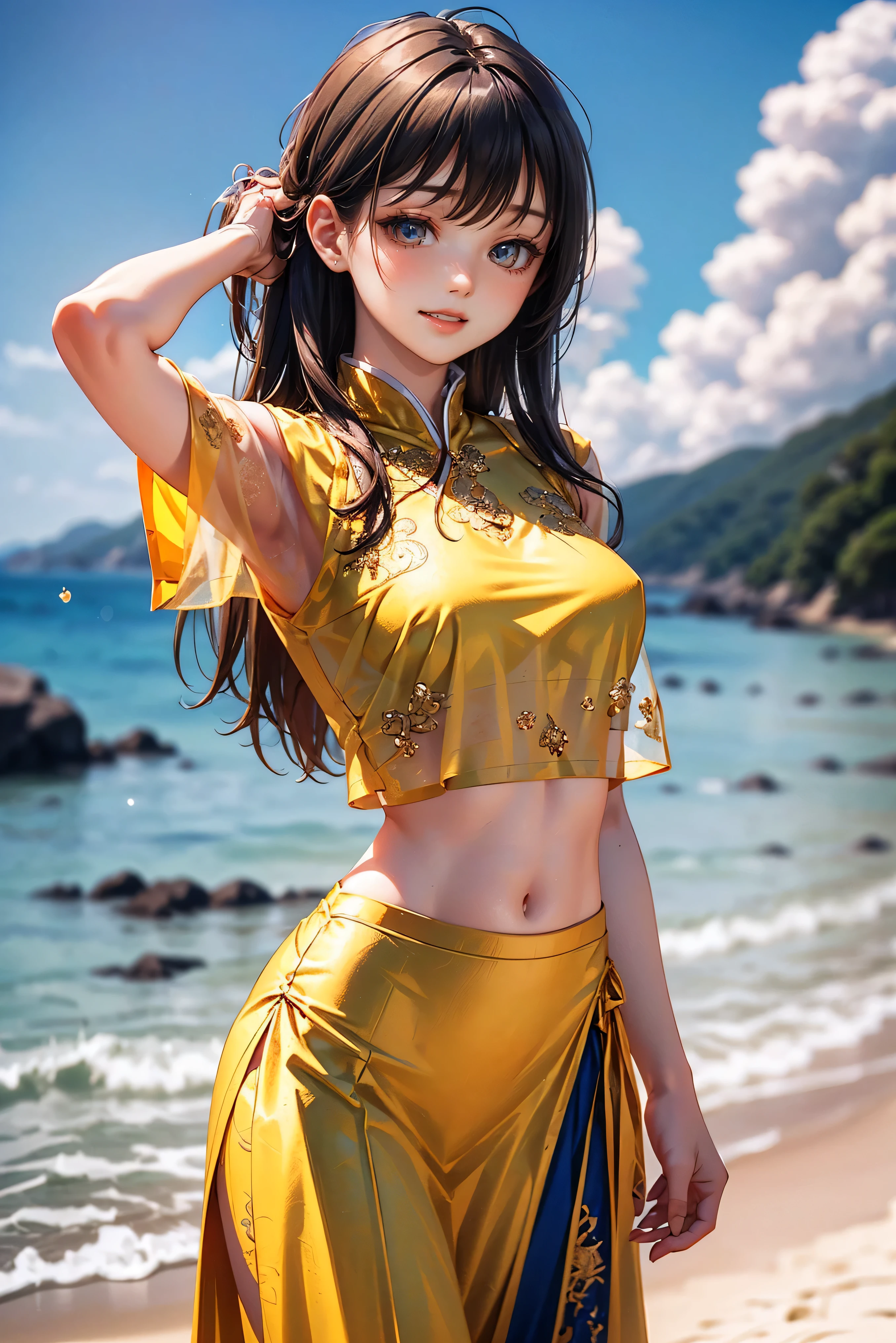 Best quality, 8K, masterpiece, ((Beautiful high school girl with crimson eyes)), ((Crimson eyes)), ((Sparkling narrow eyes)), (Wearing a beautifully embroidered thin silk blouse), ((Wearing a yellow flared skirt)), (Small breasts), ((Translucent white skin), Slender body, ((Anatomically accurate depiction)), ((Detailed depiction down to the fingertips)), ((Standing on the beach with one hand behind her head)), Smiling shyly, ((One hand behind her head)), Beautiful background
