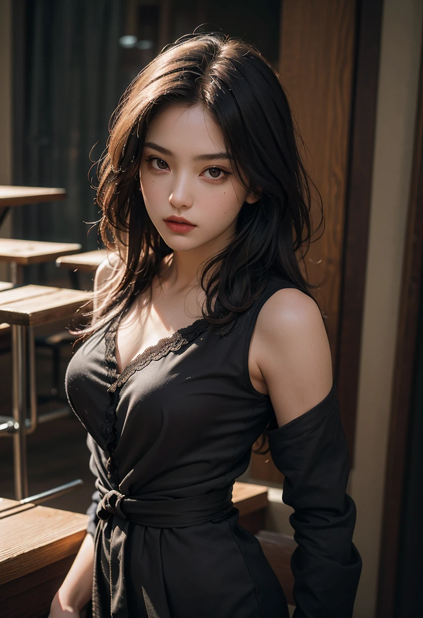Best quality, Masterpiece, Ultra High Resolution, (Photorealistic:1.4), Raw photo, 1girl, 25 years old, black eyes, waist up, in coffee shop, deep shadows, dark theme, sitting by the window, dark outfits, extremely detailed face, hair with light, necklaces, earrings,