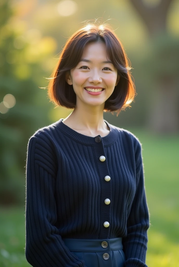 Portrait, 8k, high quality, realistic photo images, 29-year-old, japanese woman, neat wife, housewife, Reproduces natural and realistic eyes, japanese stand, beautiful black hair, short hair, light makeup, octane rendering, beautiful lighting, composition of golden ratio, laughter, everyday wear, casual clothes, natural background, blurred background, High level image quality, Pure Japanese humanity, beautiful wife, Upper body, light makeup, No makeup, pure beauty, plain clothes, grey, beige, green, Plain color, casual clothes, slight smile, small black eyes, background bokeh