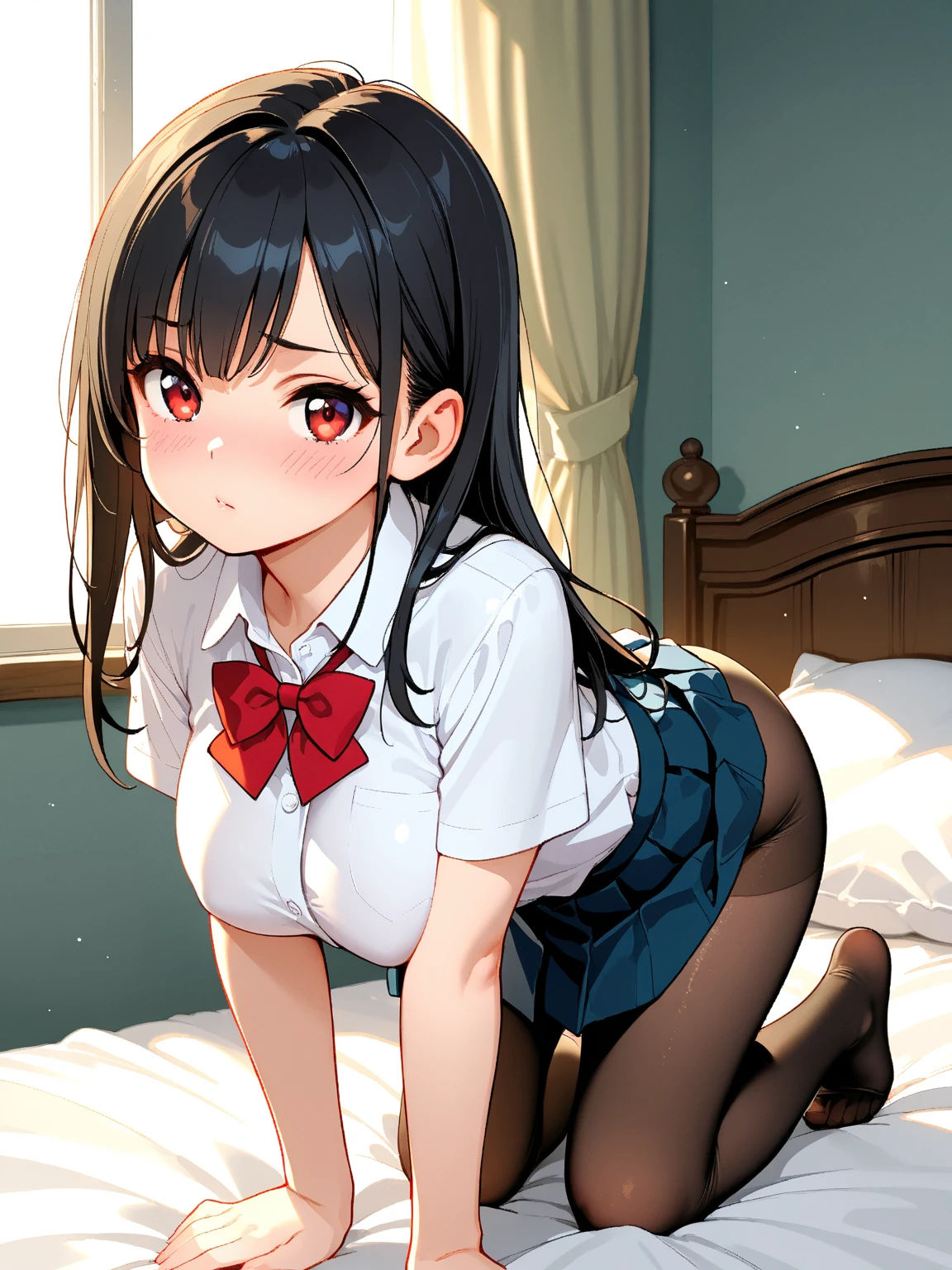 Erotic、Dimly lit bedroom、A smiling beautician、fat、Black Hair、The woman is standing and her white panties are visible、Wearing a skirt、Pull up your skirt、Showing panties、View here、Spread your legs a little、Looking up from below