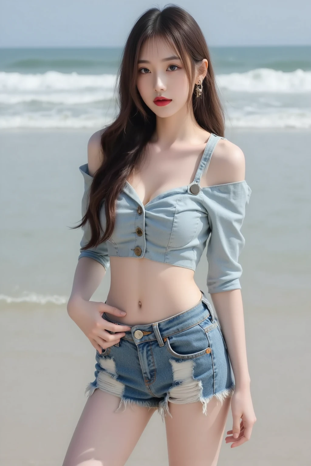 Beauty, beautiful女人,Have a perfect body:1.4,Layered Hairstyle,((Large Breasts)), ((D cup)), Visible cleavage,Bare shoulders, Highly detailed face and skin texture,Double eyelids,Skin Whitening,Long hair,Whitening long legs,Standing by the sea, Fashion Girl, Red lips, Sweet Girl, beautiful妆容, detail, lifelike, Very detailed, Astonishing, beautiful, Young and energetic, high quality,HD, Colorful,Beautifully, Smooth skin, The skirt is very short, Lifting the skirt with hands, Elegant and charming gesture, Official Art, Extremely detailed, Movie atmosphere, Soft colors, Natural skin texture,