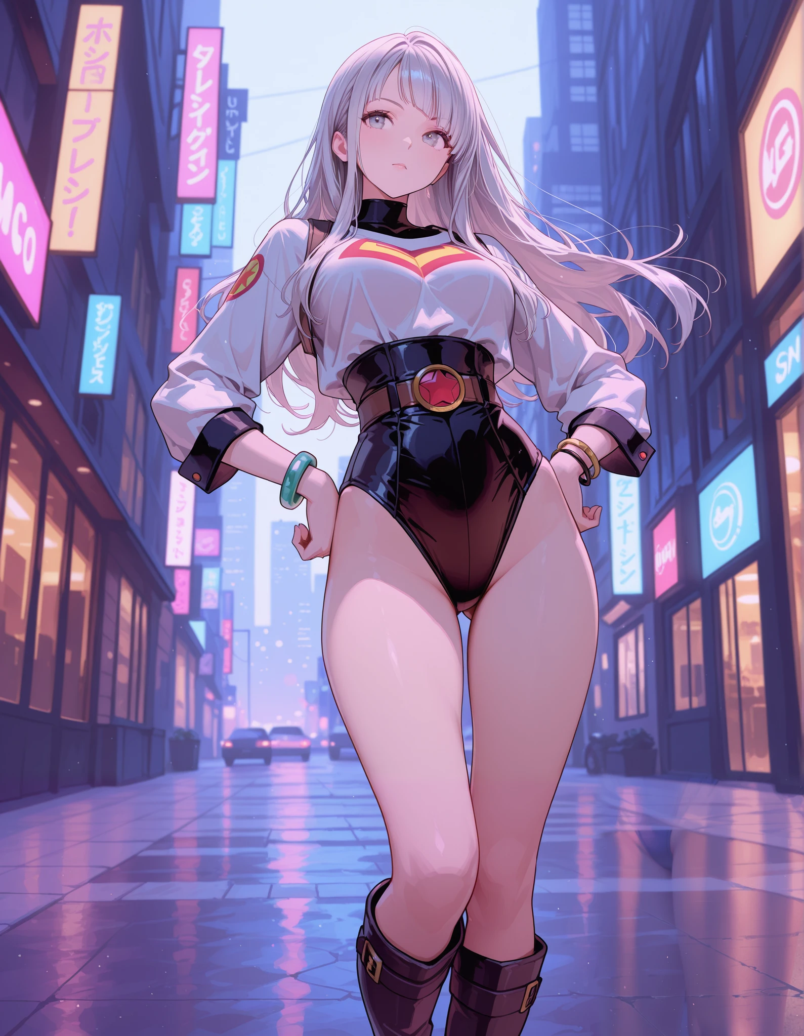 masterpiece, best quality, 1girl, medium breasts, leotard, red leotard with white accents, sleeveless, midriff, bare legs, boots, matching boots, bracelets, city backdrop, solo, single, standing, full body shot, cowboy shot, beautiful detailed eyes, medium hair, superhero, glow, powering up, light particles