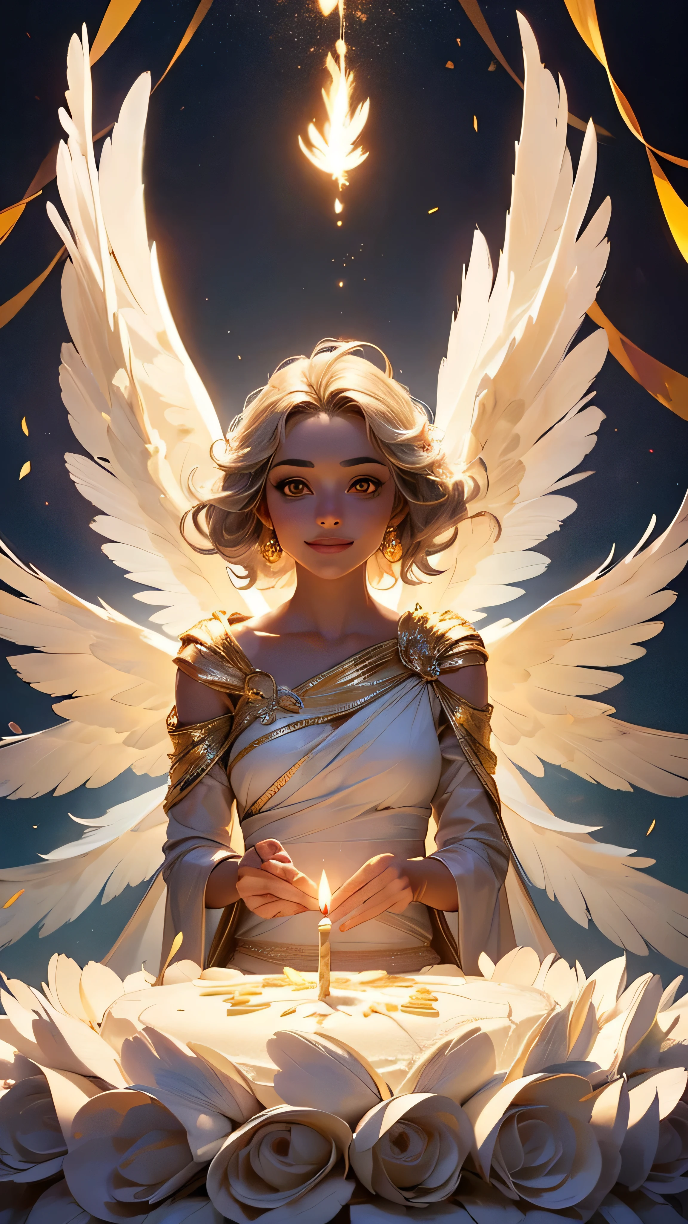 aasimar, african appearance, 1child, 1kid, 1baby, 1teen, celebrating birthday, sitting, in front of a beautifully decorated cake, glowing candles, bright golden eyes, faint celestial halo above head, small feathered wings, festive outfit, subtle celestial patterns, flushed cheeks, smile warmly, magical atmosphere, floating golden confetti, twinkling fairy lights, innocent heartwarming scene, pure joy and celestial wonder, solo, cowboy shot, front view