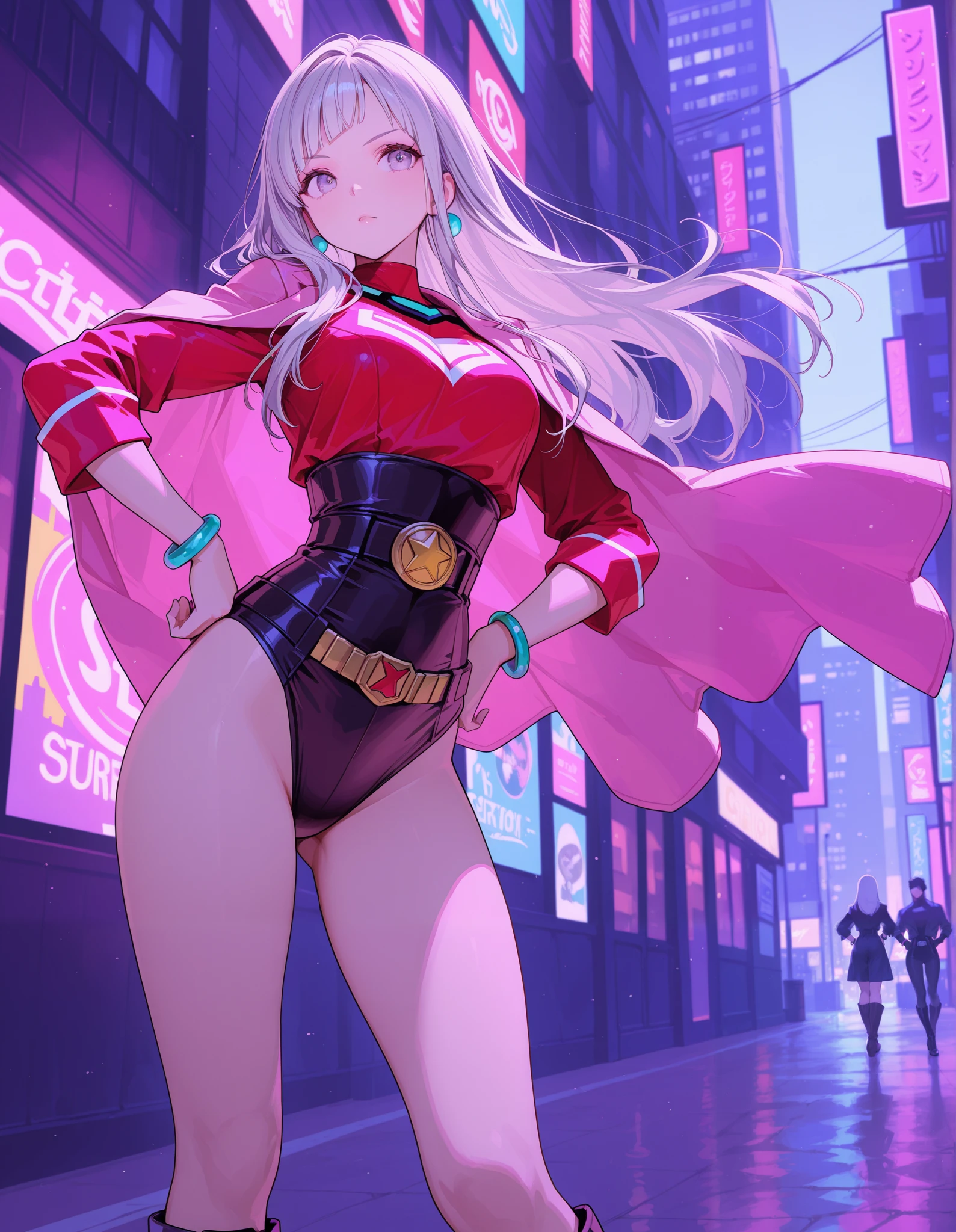 masterpiece, best quality, 1girl, medium breasts, leotard, red leotard with white accents, sleeveless, midriff, bare legs, boots, matching boots, bracelets, city backdrop, solo, single, standing, heroic, full body shot, cowboy shot, beautiful detailed eyes, medium hair, superhero, glow, powering up, light particles