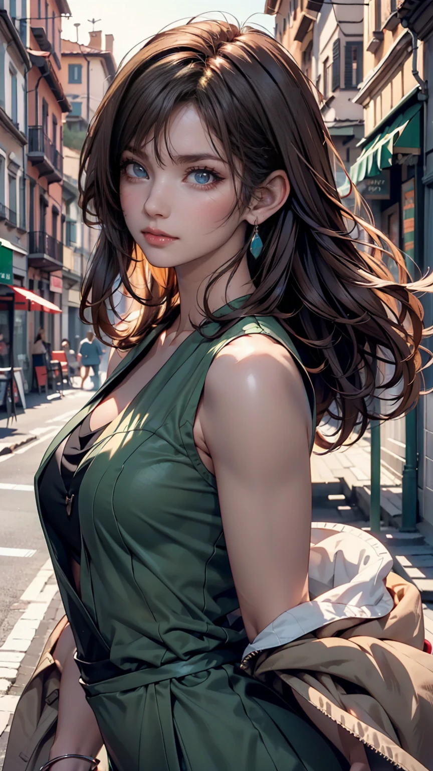 ((Highest quality)),(超High resolution),(Very detailed),(Detailed Description),((The best CG)),(masterpiece),Ultra-detailed art、(Highest quality、8k、32K、masterpiece)、(Realistic)、(Realistic:1.2)、(High resolution)、Very detailed、Very beautiful face and eyes、1 female、((:1.3))、Tight waist、Delicate body、(Highest quality、Attention to detail、Rich skin detail)、(Highest quality、8k、Oil paints:1.2)、Very detailed、(Realistic、Realistic:1.37)、Bright colors、A beautiful woman in her mid-twenties working in Ginza at night。((Long hair with loose waves:1.6、Put one side over your ear。))。The makeup is natural、Enhances natural beauty。((A sleek emerald green maxi dress with a deep V-neck。Side slits。Diamond drop earrings and matching bracelet。))。The neon lights of Ginza shine in the background.、It creates the atmosphere of a night town.。The style is realistic、Has a photo-like texture。She has a confident look、Smiling at the camera。