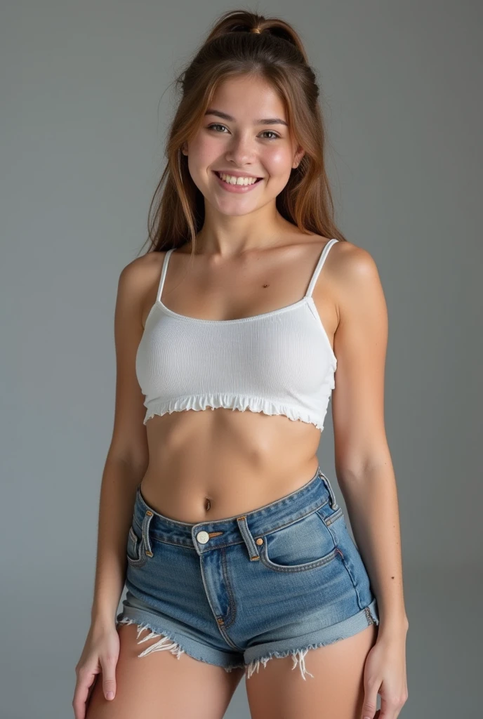 AnnaSophia Robb in a blue crop top and white jeans showing her perfect butt and her curves smiling
