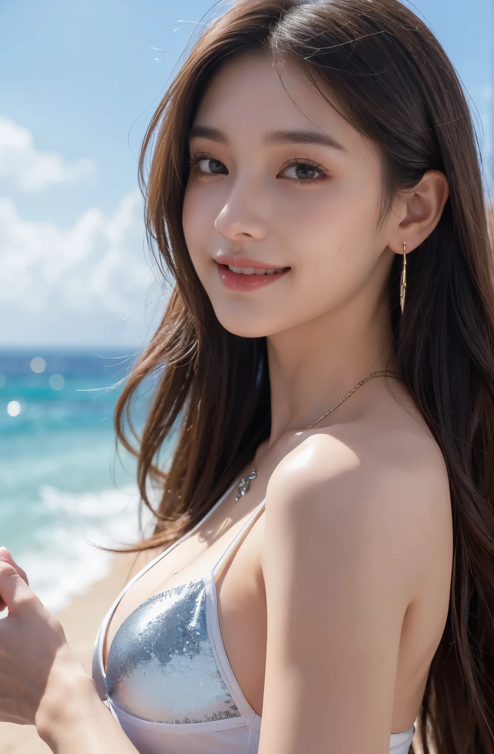 ( 22-year-old girl ), (Colossal :1.4), ((Shaking hands with viewers)), sandy beach in Hawaii 、Island behind、Blue Micro Silk Bikini、 lying by the water 、On a towel、(: 1.3), (High resolution: 1.4), ( Ultra HD: 1.2), film lighting, Ultra HD, (eyes and delicate skin), (Details of facial features),Look at the camera、Extremely beautiful face、 nffsw, 8K resolution, , the perfect style, , beautiful face color 、highly detailed facial and skin textures、Detailed eyes、double eyelids、Eyeshadow:1.2、Glitter Eyeliner:1.2、Thin cheeks、shiny skin、( pretty white:1.4)、shiny little necklace and earrings,Lip balm:1.2、((Full image:1.2))、(( from a very close distance :1.2))、(Layered Hairstyle、light brown hair)、 Medium-length hair 、( Very attractive smile :1.3)