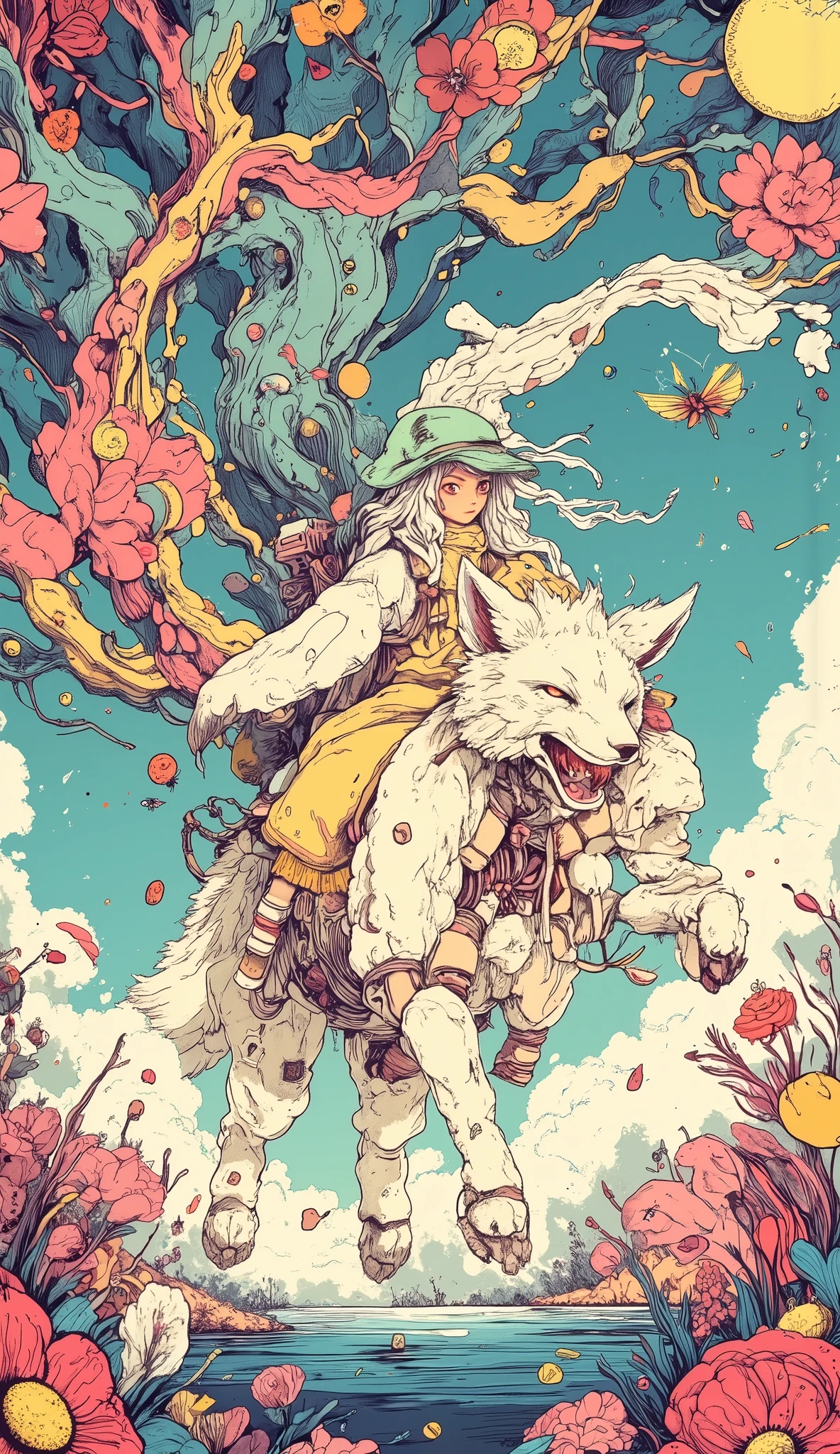 Vision,unreal colors in the sky with purple and pink gradients,Create a dreamy atmosphere,Petals are condensed from liquid rainbows,will flow to neighboring flowers when touched and reshaped,firefly figures sleeping in flower pistils,will wake up when the moonlight shifts the angle and dance mechanical dance, girl(silver-white curls, long hair,head wearing a mint green gentleman hat,Creamy yellow long dress,off-white canvas shoes)rides a giant snow fox in the lake