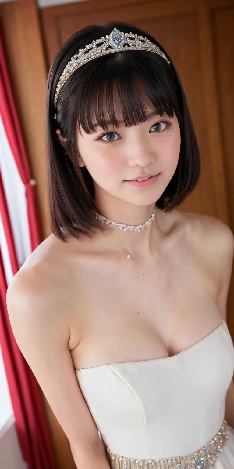 masterpiece, an extremely delicate and beautiful, extremely detailed, CG, unity , 2k wallpaper, Amazing, finely detail, light smile, extremely detailed CG unity 8k wallpaper, highres, absurdres, soft light, (((medium hair:1.3), Japanese girl, naked, perfect style, ((smile)), light brown hair, blowing in the wind, brown eyes, luxury diamond necklace, wearing a mane with blue flowers, jewelry, diamond, blue jeweled pearl head, naked, aeolian, short facing the viewer, looking at viewer, ((in royal palace)), royal, divine, princess, goddess, godlike, dreamlike, diamond ring,