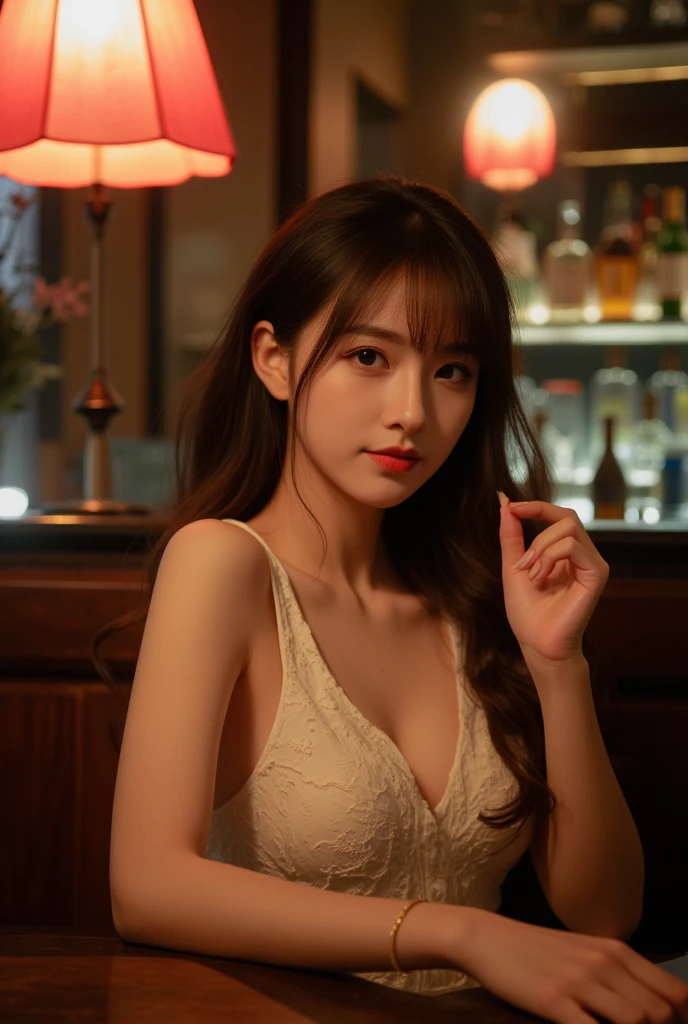 ((extreme close up)), side view, watching camera, A sophisticated bar setting exudes an atmospheric glow, featuring stylish dim lighting and a cozy ambiance. In sharp focus,  a thin Japanese actress in her 20s, with tied medium, loosely curled brown hair, sits on a bar stool. Dressed in a white plunging neckline long relaxing dress, licking a short cocktail. The scene captures an elegant, intimate mood, enriched by warm lighting and rich textures, creating a masterpiece of visual allure., from side, UHD, masterpiece, anatomically correct, textured skin, super detail, nipple slip