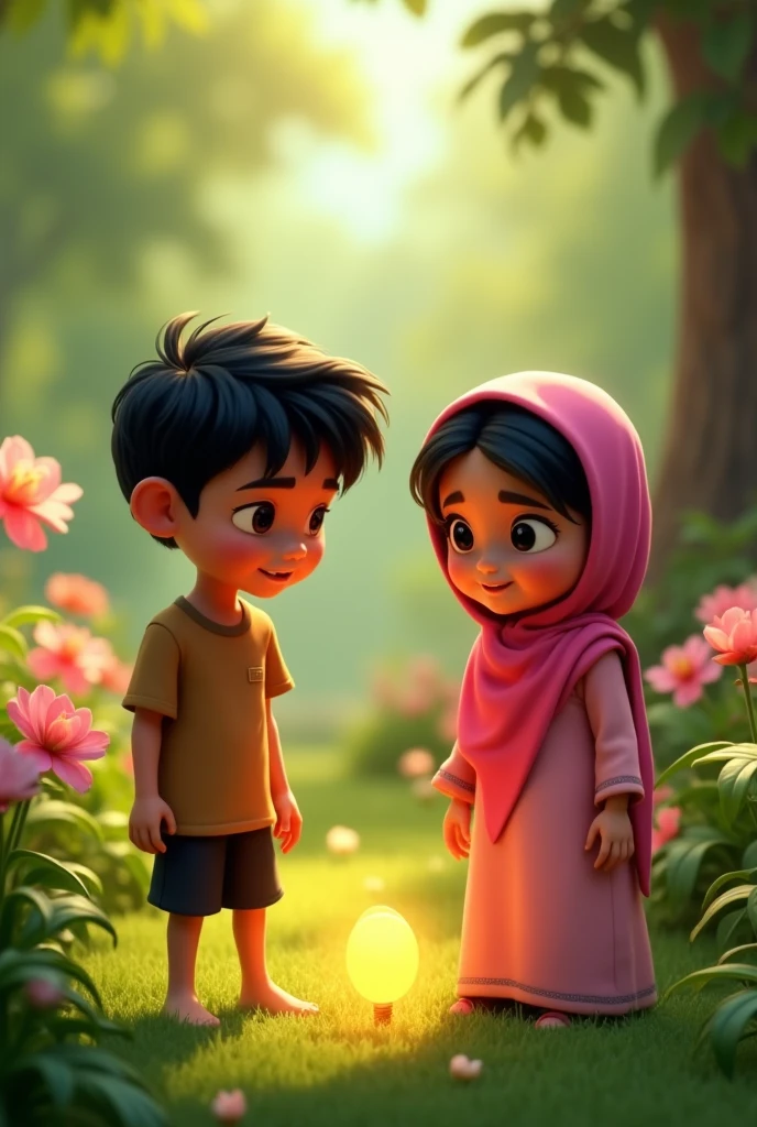 Imagine a girl and boy in front of sunlight with boy name irzam and girl name hafsa