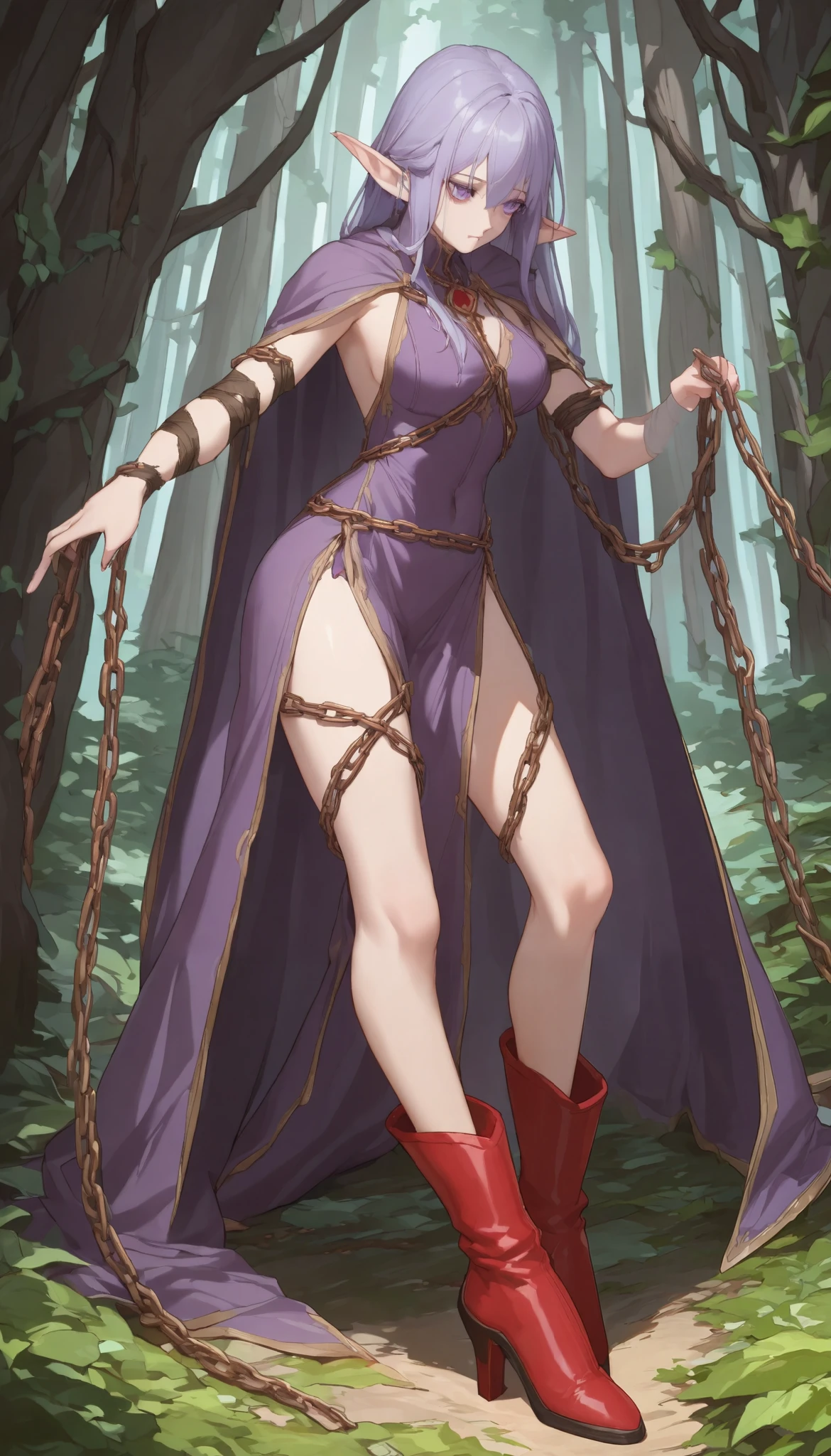 (((Best quality, 8k, Masterpiece: 1.3)), ((best quality)), ((masterpiece)), (detailed), perfect face, perfect body, (detailed skin:1.3), (intricate details), In a dense forest, an elf in a purple dress and a light cape, A long chain wrapped around her arm, A gloomy atmosphere, Full body, long legs, beautiful legs, red long boots, high heels