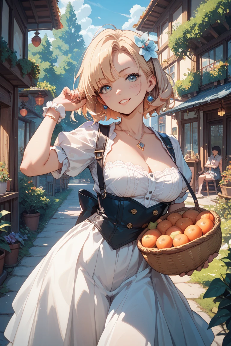 Anime character, blonde hair, oranges eyes, farmer, overly large breasts, friendly smile, carrying milk bucket, farm background, NSFW, Farmer clothes