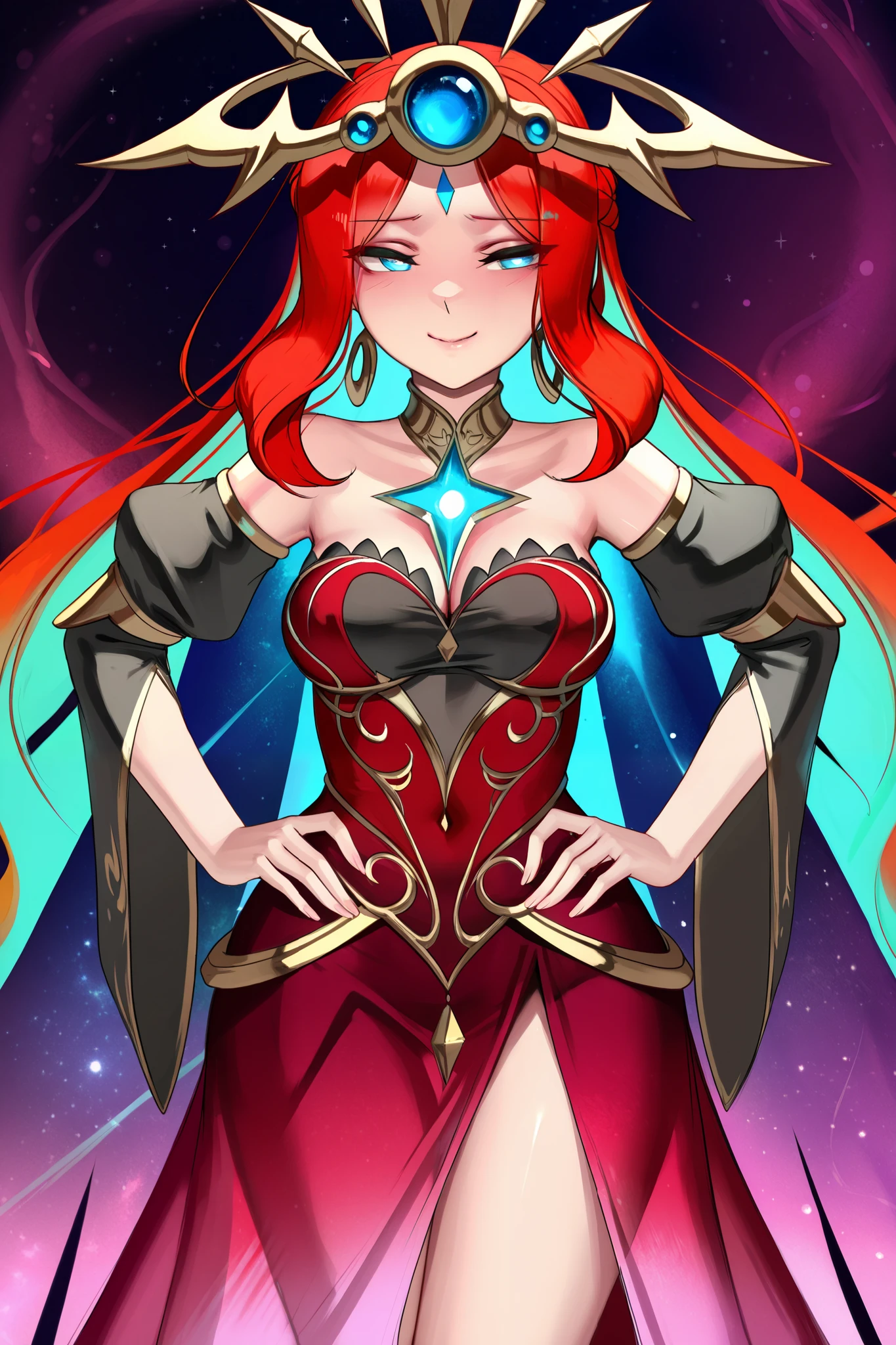 masterpiece, best quality, celestial spirit, She has long, flowing fiery red hair with golden highlights, bright green star-like eyes, and fair, glowing skin. She wears a luxurious fantasy gown with a fitted golden-embroidered bodice, a flowing gradient skirt, crimson to gold to purple skirt, and translucent star-patterned overlays. Her outfit includes a crown-shaped headpiece, star-shaped jewelry, and a flowing cape that fades into a starry mist, She stands confidently, hands on her hips, with a slight smile and a mix of confidence and vulnerability in her expression. The background is a dreamy starry night sky with a glowing nebula (purple, gold, crimson) and floating stardust. The lighting is soft and ethereal, with a warm glow around her contrasting with the cool cosmic background. The art style is semi-realistic with anime-inspired details, rich warm tones for the character, and cool cosmic tones for the background, Capture her regal, magical, and slightly mysterious aura, art by abmayo, art by cian yo