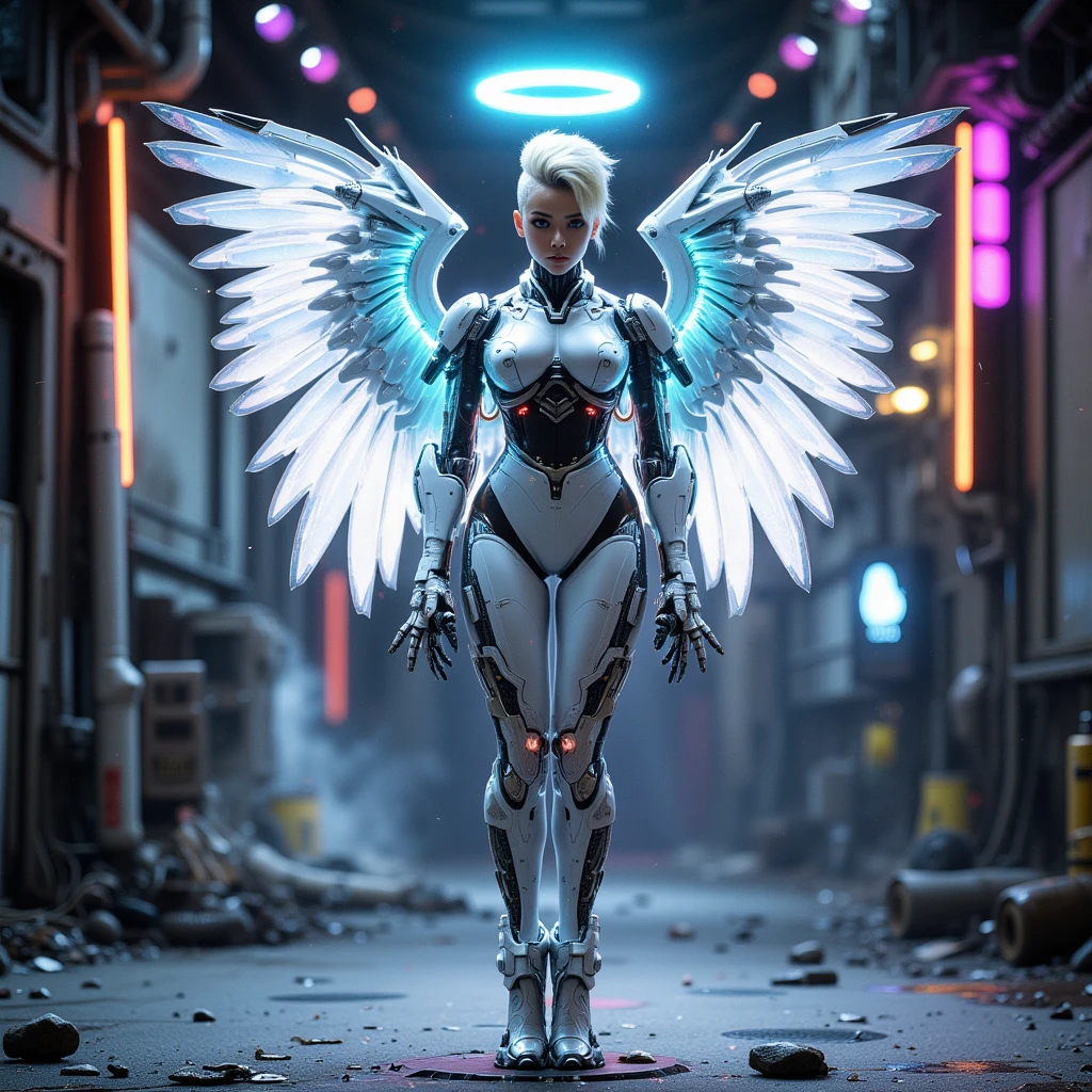 a highly detailed mecha figure of 2B from Nier Automata, wearing a realistic white mecha suit with neon accents, mechanical legs and wings, in an abandoned cyberpunk city, cinematic lighting, 8k, photorealistic, masterpiece