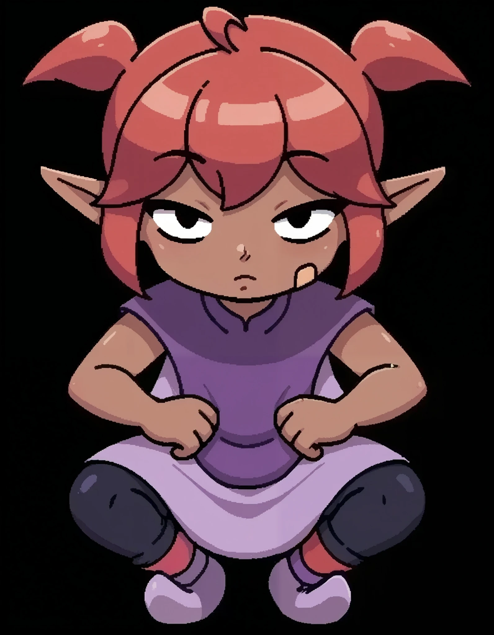 score_9, score_8_up, score_7_up, full body, pants, solo, transparent background, Front view, from front, 1girl, black backgrounds, tanding, black pants, pointy ears, Brown skin, red hair, short hair, short twin tails, Sleeveless, Tunic, purple dress, Purple shoes, red socks, eye on the shirt, bandaid on the face