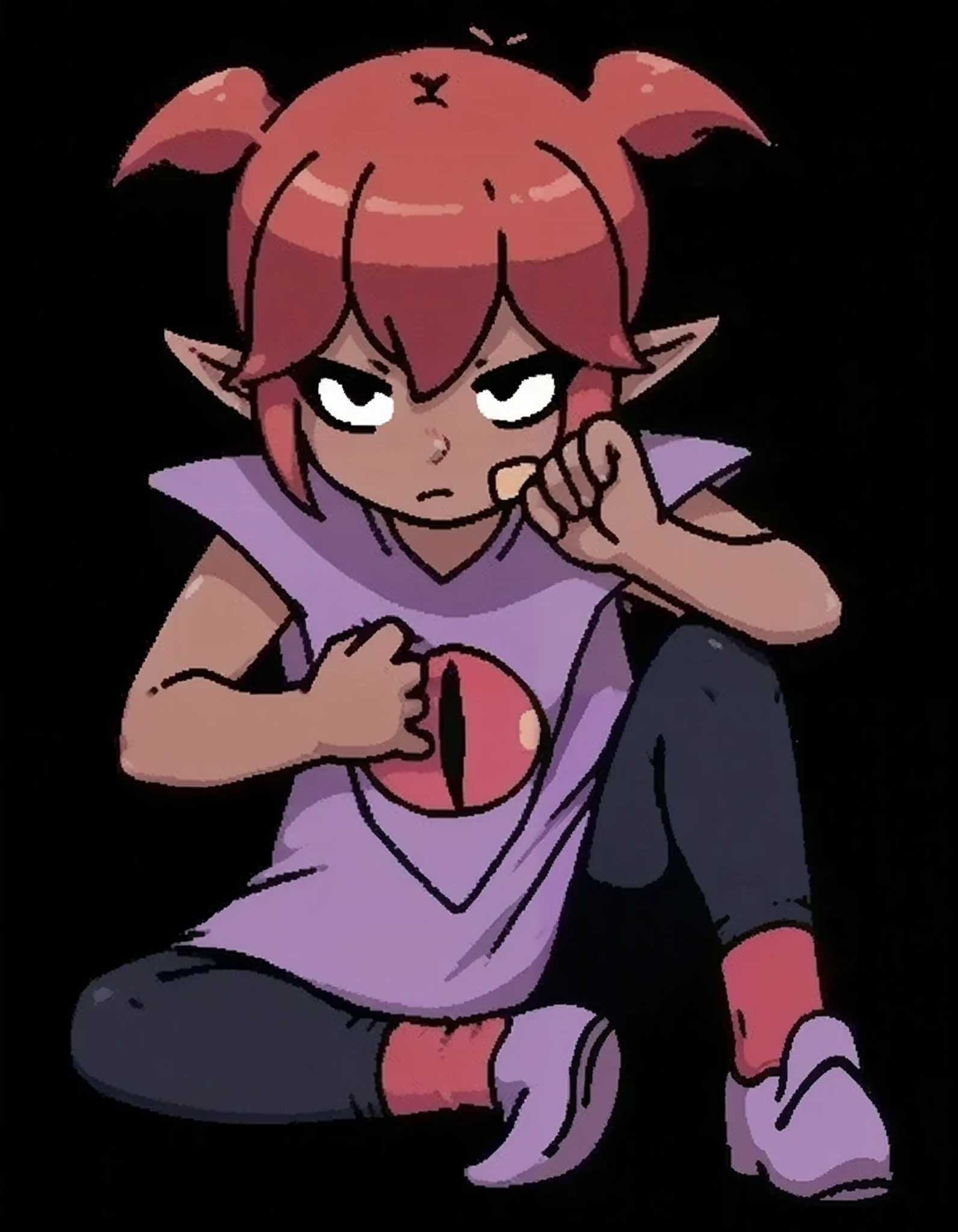 score_9, score_8_up, score_7_up, full body, pants, solo, transparent background, Front view, from front, 1girl, black backgrounds, tanding, black pants, pointy ears, Brown skin, red hair, short hair, short twin tails, Sleeveless, Tunic, purple dress, Purple shoes, red socks, eye on the shirt, bandaid on the face