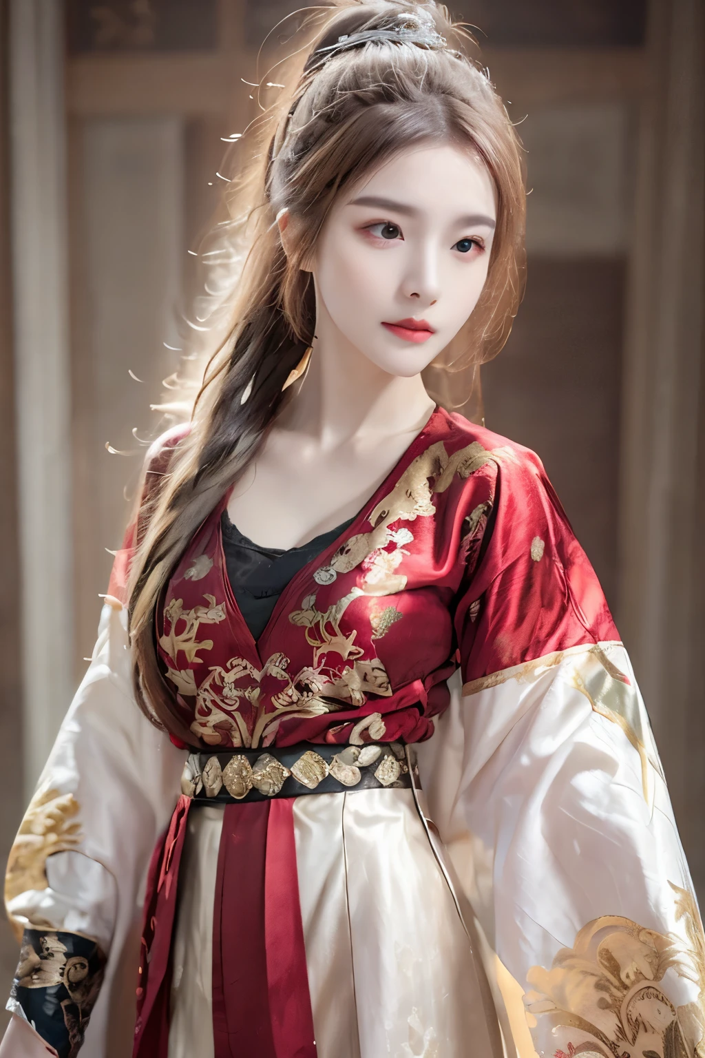((you are a beautiful woman.)), whole body, Chinese Food Party Atmosphere Pictures,  blonde hair , Red lips, High nose, big chest, Fei Yu_ robe , Red Fabric , Gold embroidery , Black with gold embroidery,  high ponytail ，Braid, Depth, สาวสวยกับDetailsที่สวยงาม,  European Face , ดวงตาและใบหน้าที่thumbnail， robe Detailsมาก,  Incredibly Ridiculous Resolution.，  large file size ， ไฮเปอร์Details， image， thumbnail， Best Quality， masterpiece,  Incredibly Ridiculous Resolution., illustration， มีDetailsและสวยงามเป็นพิเศษ，official drawing, thumbnail， CG， unity， 8k Wallpaper ，  surprising ， Details， masterpiece， top quality，Standing position, วอลล์เปเปอร์ CG unity 8k ที่มีDetailsมาก（Glowing smooth skin：0.6）best shot)), ((masterpiece)), (Details),